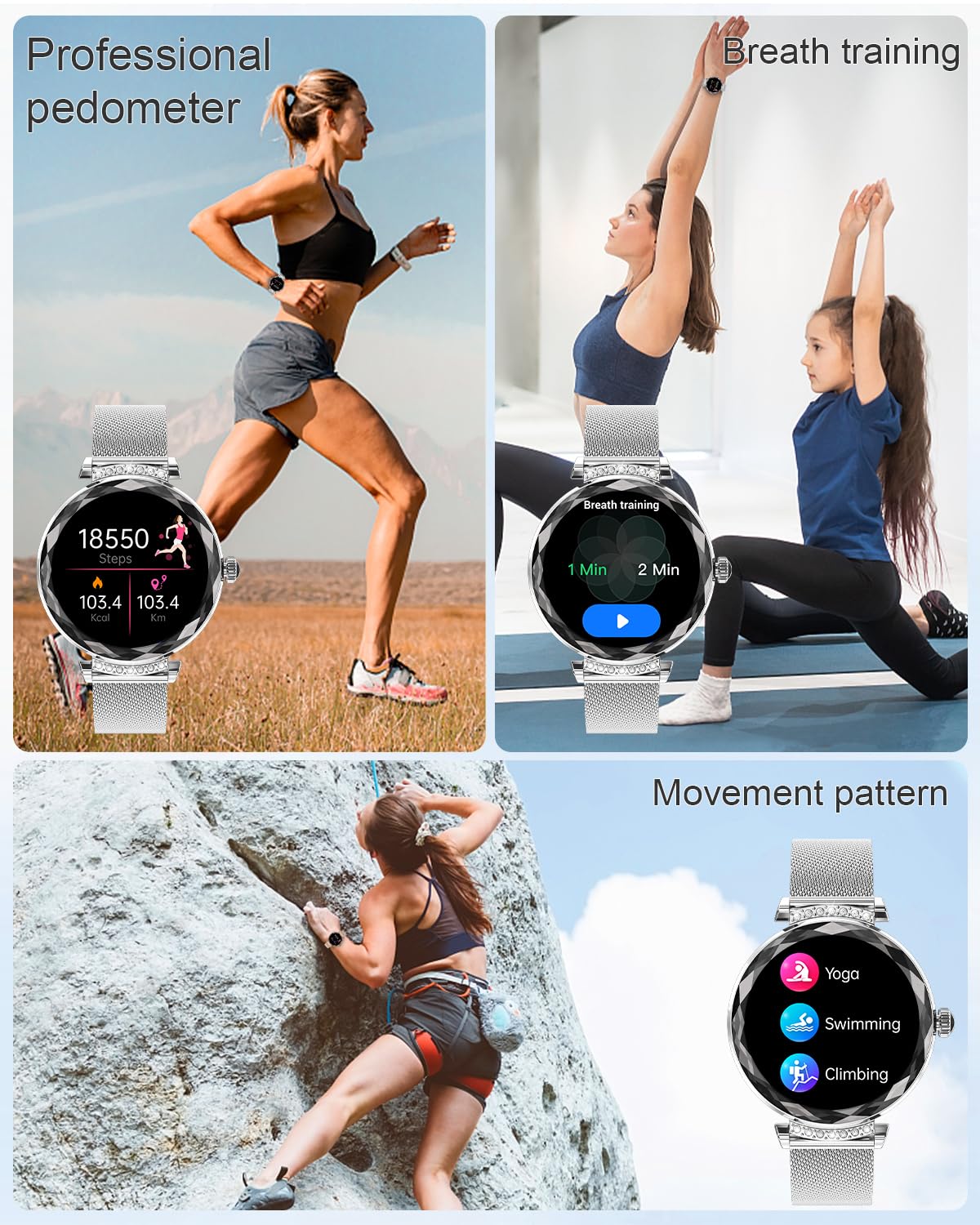 Fitonme 1.19" Smartwatch Donna,Telefonate Bluetooth Smartwatch,Monitoraggio SpO2/Sonno/Pressione Sanguigna/Frequenza Cardiaca,Resistenza all'Acqua 5ATM IP68,iOS Android Smart Watch-Argento