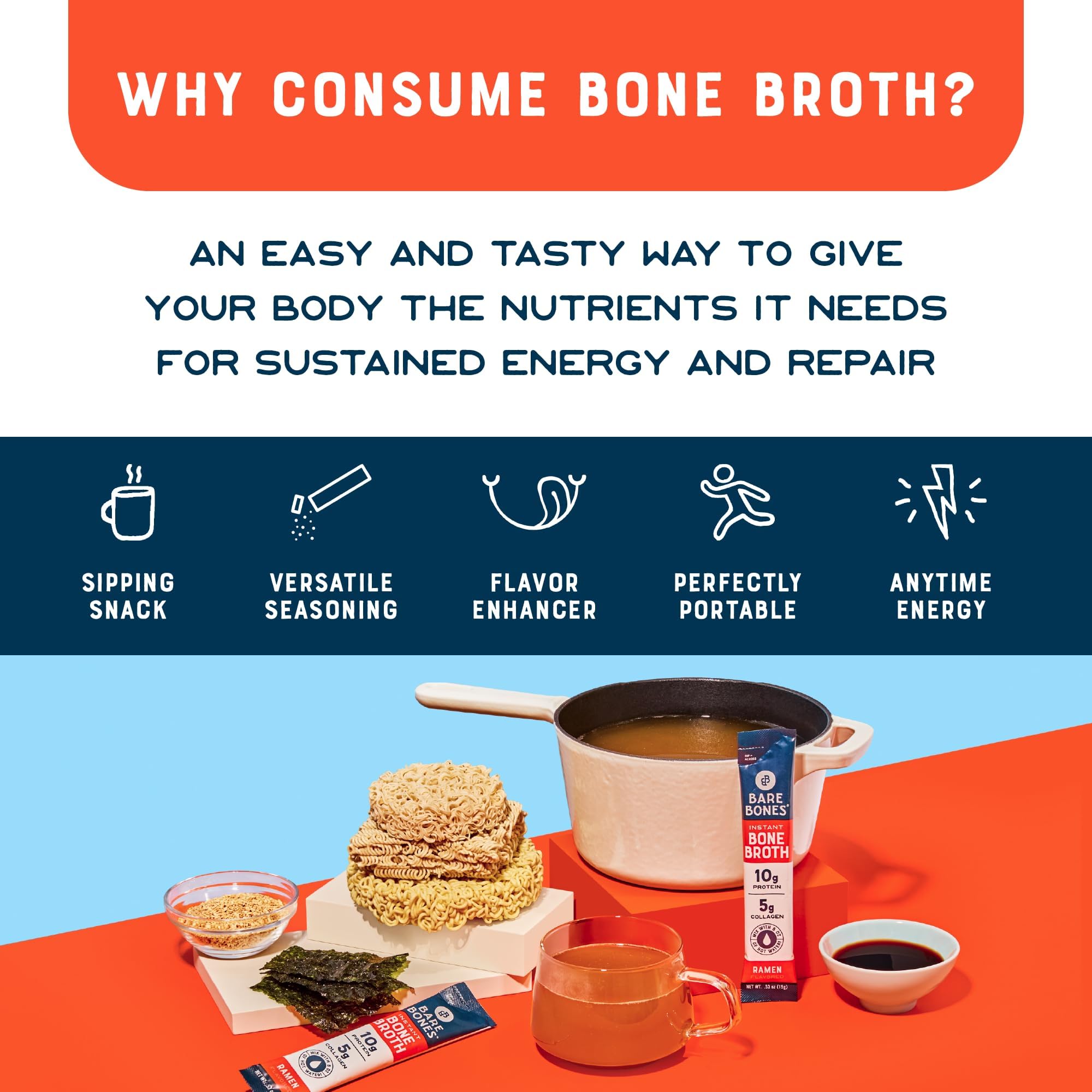 Bare Bones Bone Broth Instant Powdered Beverage Mix, Ramen, Pack of 8, 15g Sticks, 10g Protein, Keto & Paleo Friendly, Non-GMO, Gluten-Free, Dairy-Free