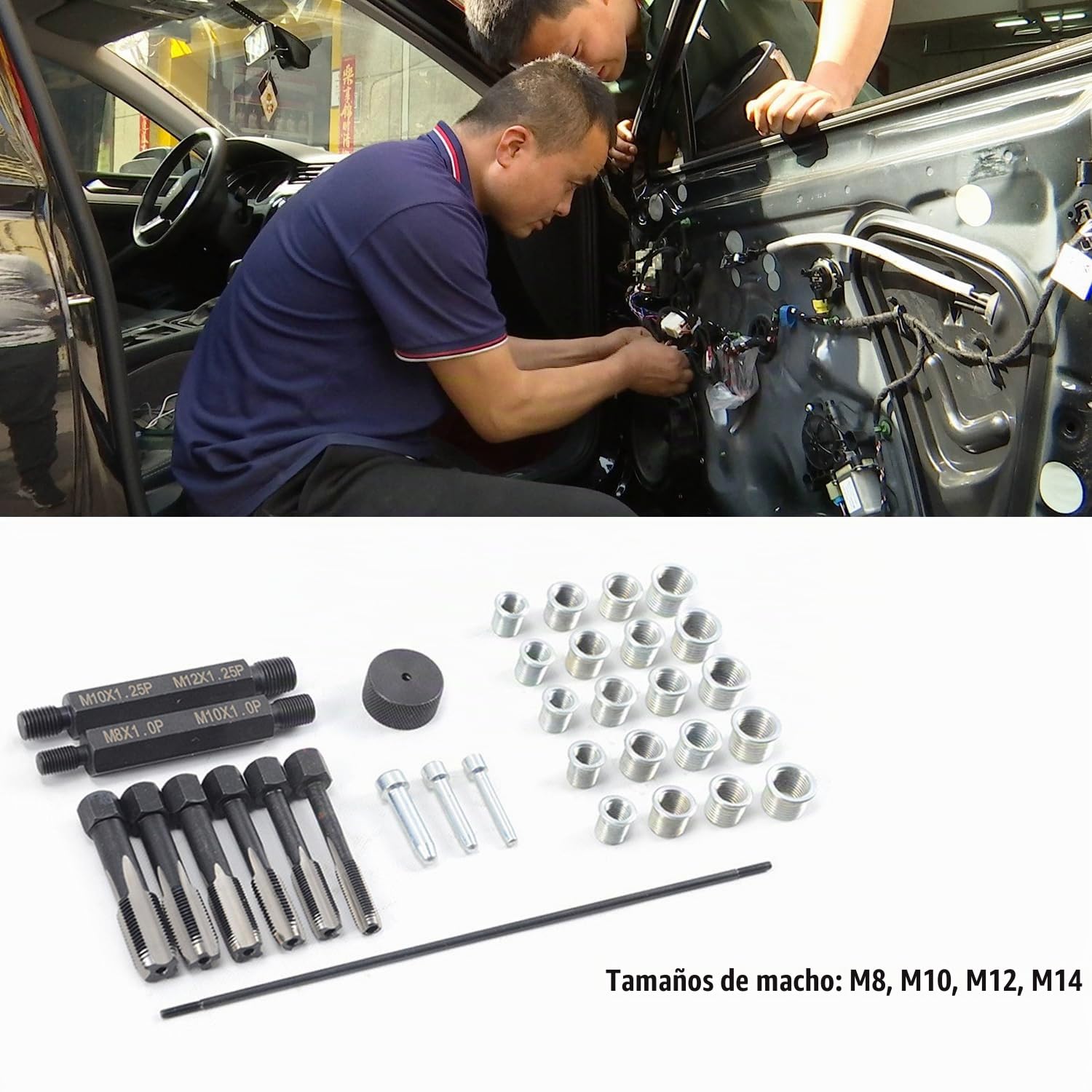33 Piezas Kit de Reparación de Roscas,Herramienta de Eliminación de Bujías Incandescentes,con Cuatro Tamaños de Rosca(M8/M10/M12/M14)