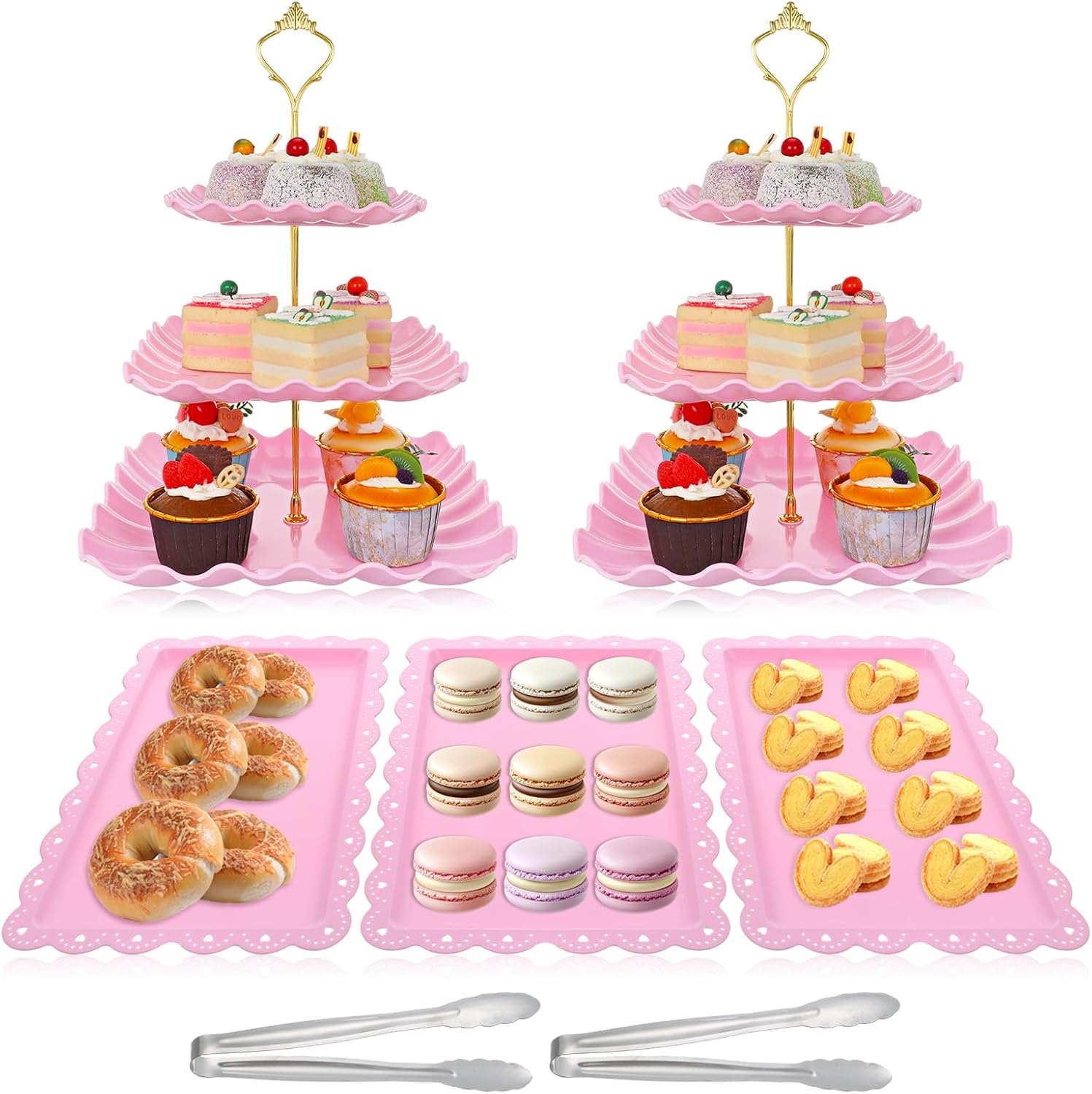 7Pcs Pink Cake Stand Set, Plastic Dessert Table Display Set, 2Pcs 3 Tier Cupcake Stand Tower with Gold Rod, 3Pcs Dessert Trays and 2Pcs Stainless Steel Tongs for Tea Party, Baby Shower Decoration