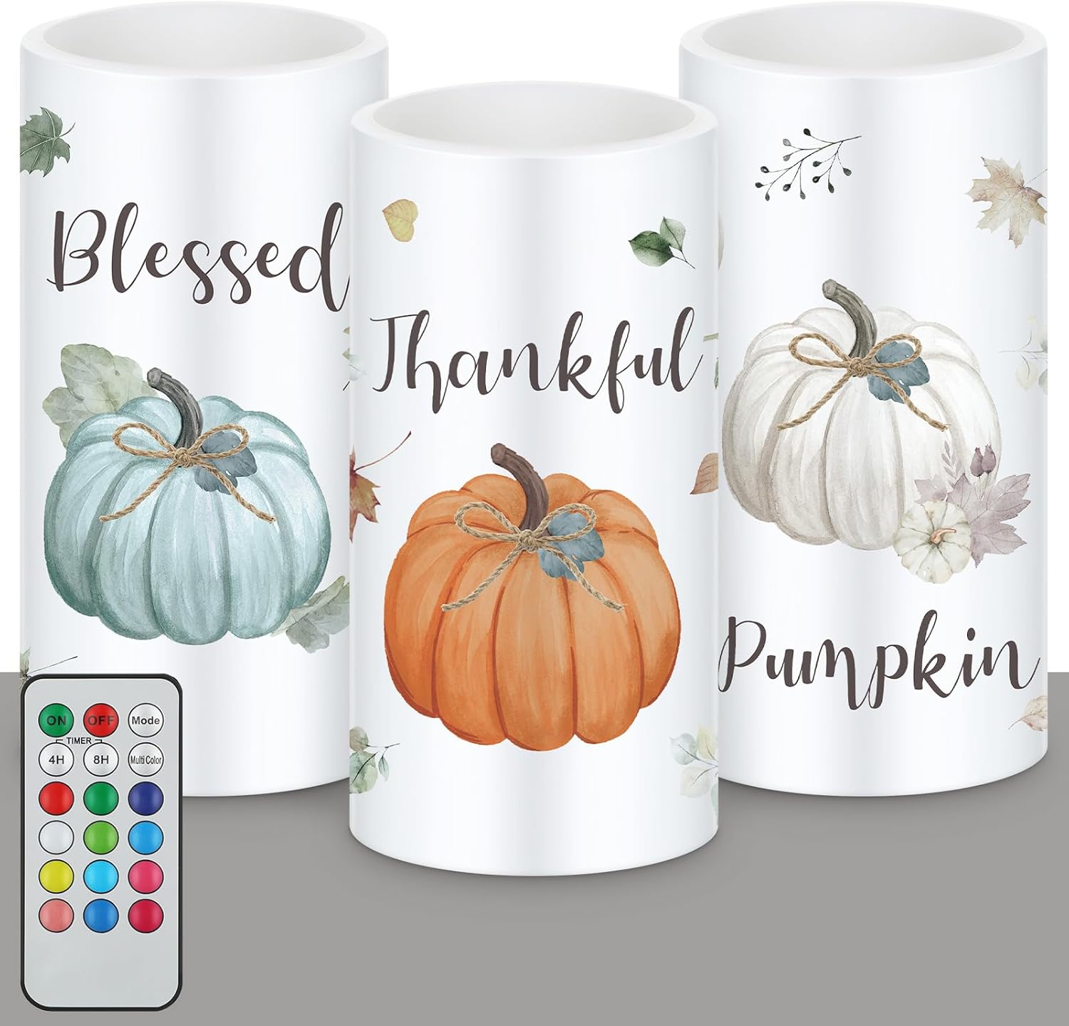 Retisee 3 Pcs Farmhouse Thanksgiving Flameless LED Candles Thanksgiving Battery Operated Candles with Remote Control Thankful Blessed Pumpkin Decor for Table Centerpiece Bedroom Harvest Decorations
