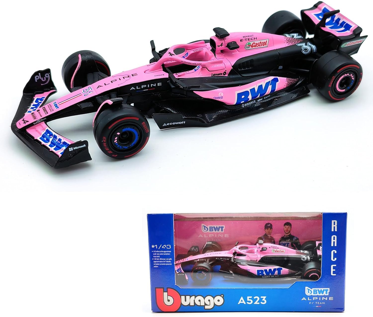 Bburago 1/43 F1 A523 Pink Version Formula One for BWT-Alpine F1 Team Racing Alloy Luxury Diecast Vehicle Collection Model | #31 Esteban Ocon & #10 Pierre Gasly (#10 Pierre Gasly)