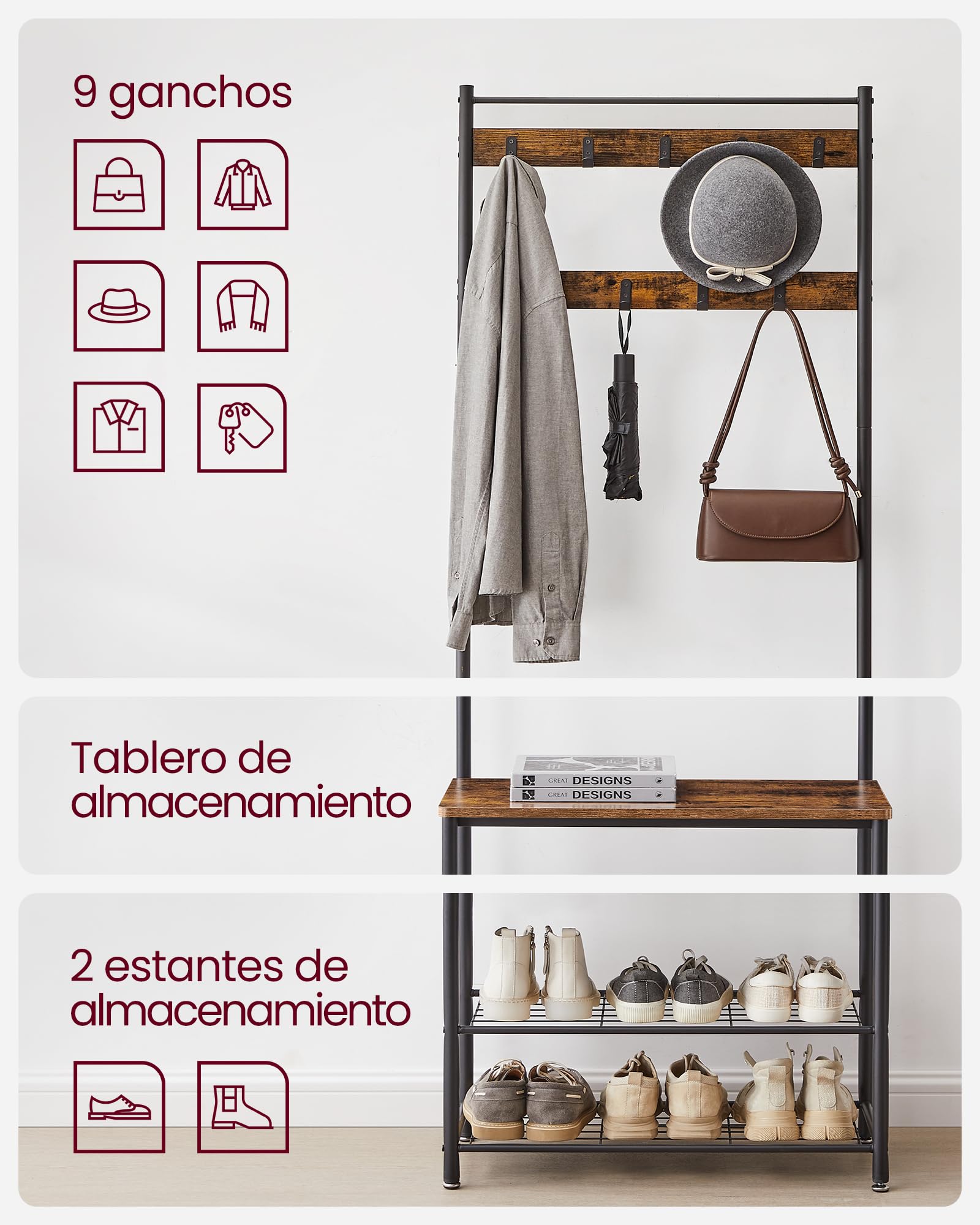 VASAGLE Perchero Zapatero, Perchero con Banco Recibidor, 3 en 1, Estructura de Acero, para Entrada Pasillo, 32 x 70 x 177 cm, Industrial, Marrón Rústico y Negro HSR41BX
