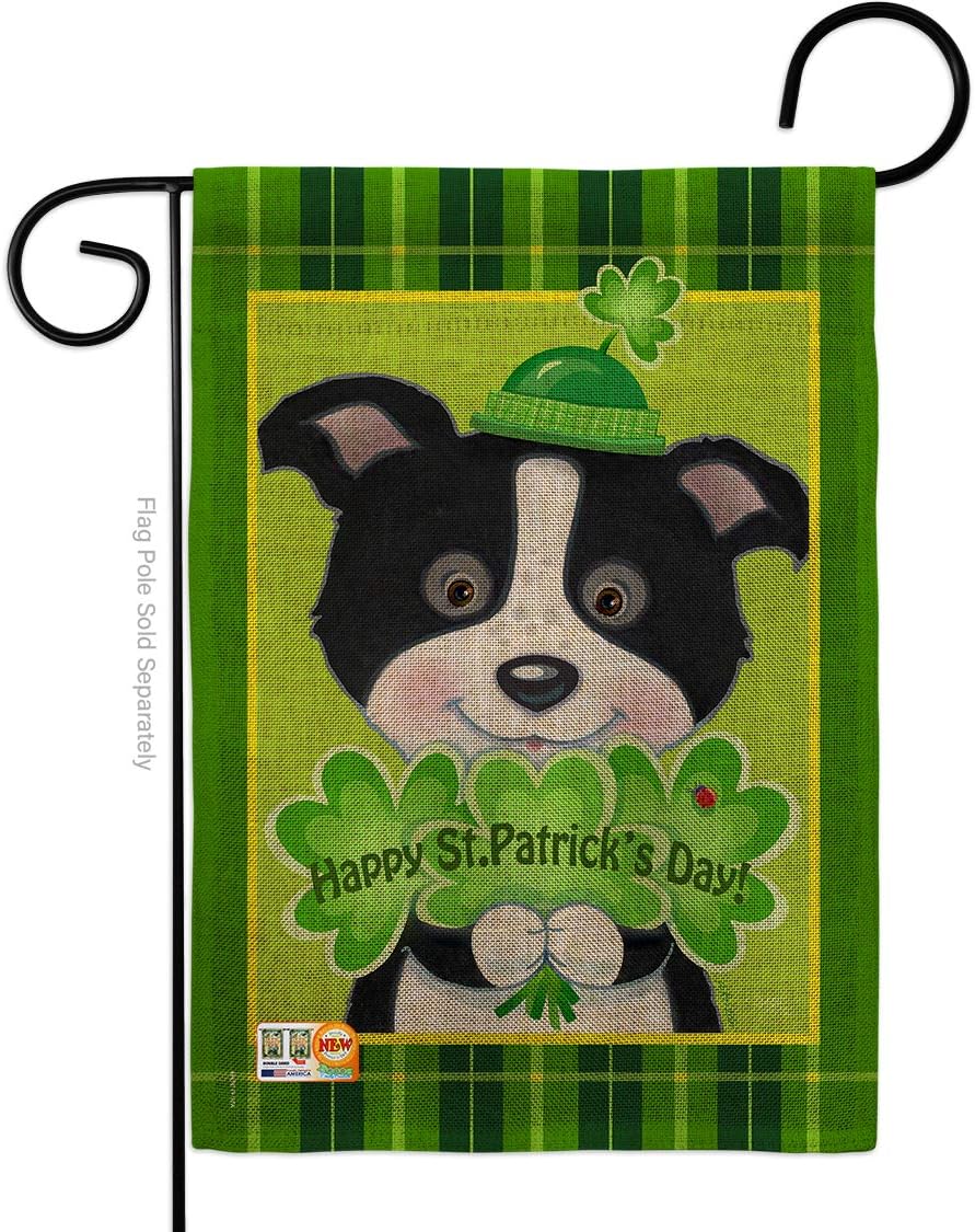 St Pats Puppy Burlap Garden Flag Springtime Patrick Shamrock Leprechaun Lucky Coin Holiday March Irish Clover Small Decorative Gift Yard House Banner Double-Sided Made In USA 13 X 18.5