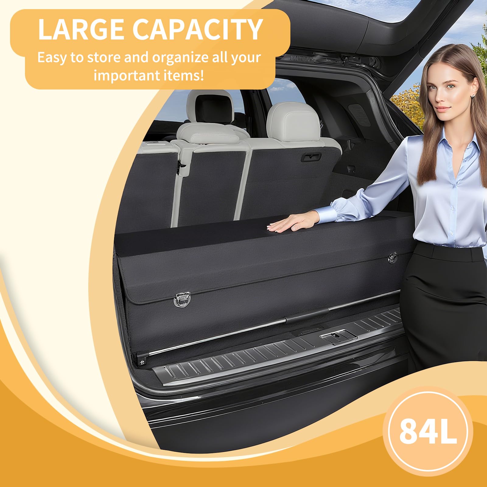 Auto Kofferraum Organizer Groß, Aufbewahrungsbox mit Deckel und Stabilem Griff, 84L Leder Auto-Organizer für Reisen, Camping und Einkaufen (Schwarz, 94 * 29 * 31CM)