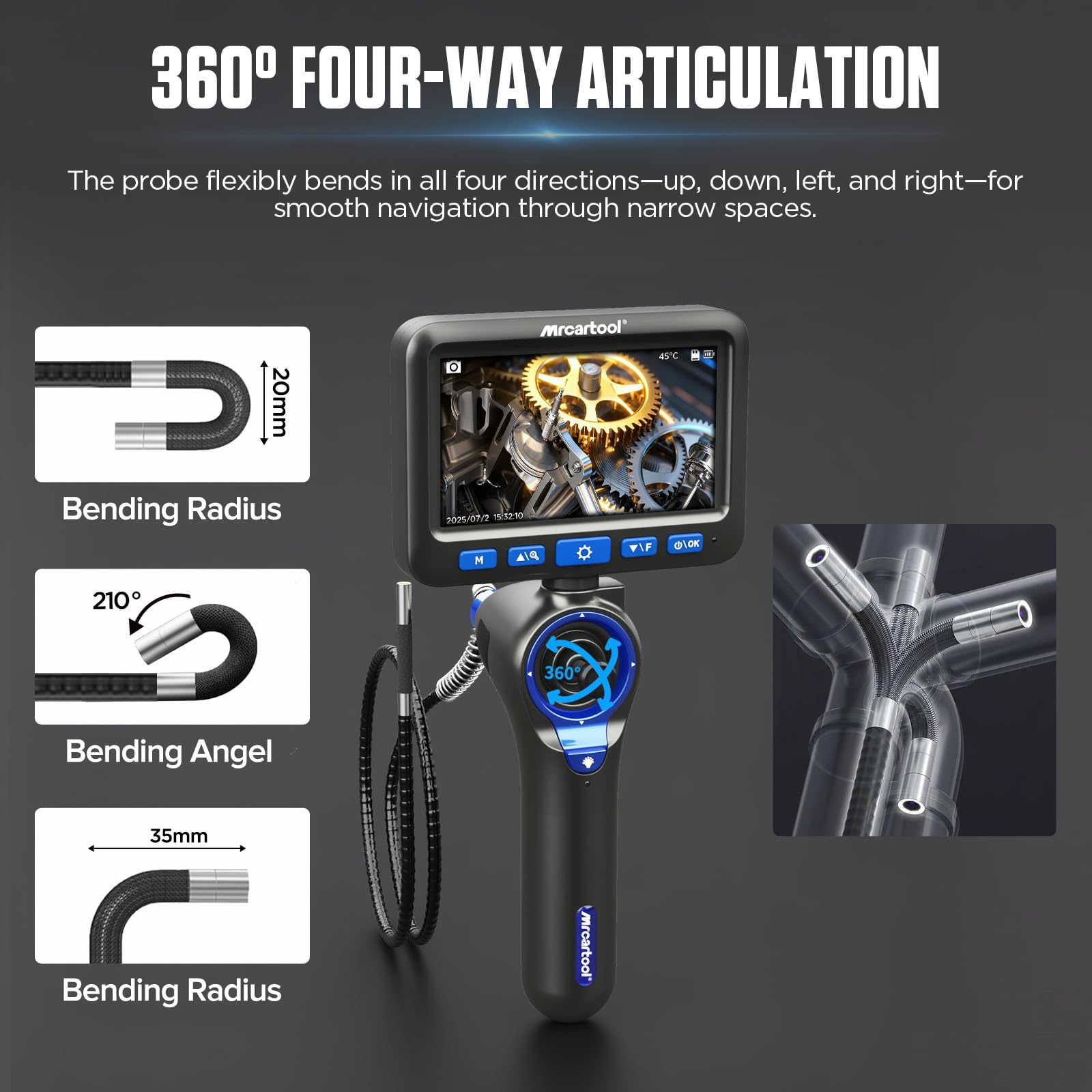 Endoscopio articulado 4 vías 360°,cámara de inspección con monitor de 5" luz, cámara endoscópica con sonda flexible delgada de 6,2 mm y zoom 1-8x endoscopio,pantalla HD desmontable para motor tuberías