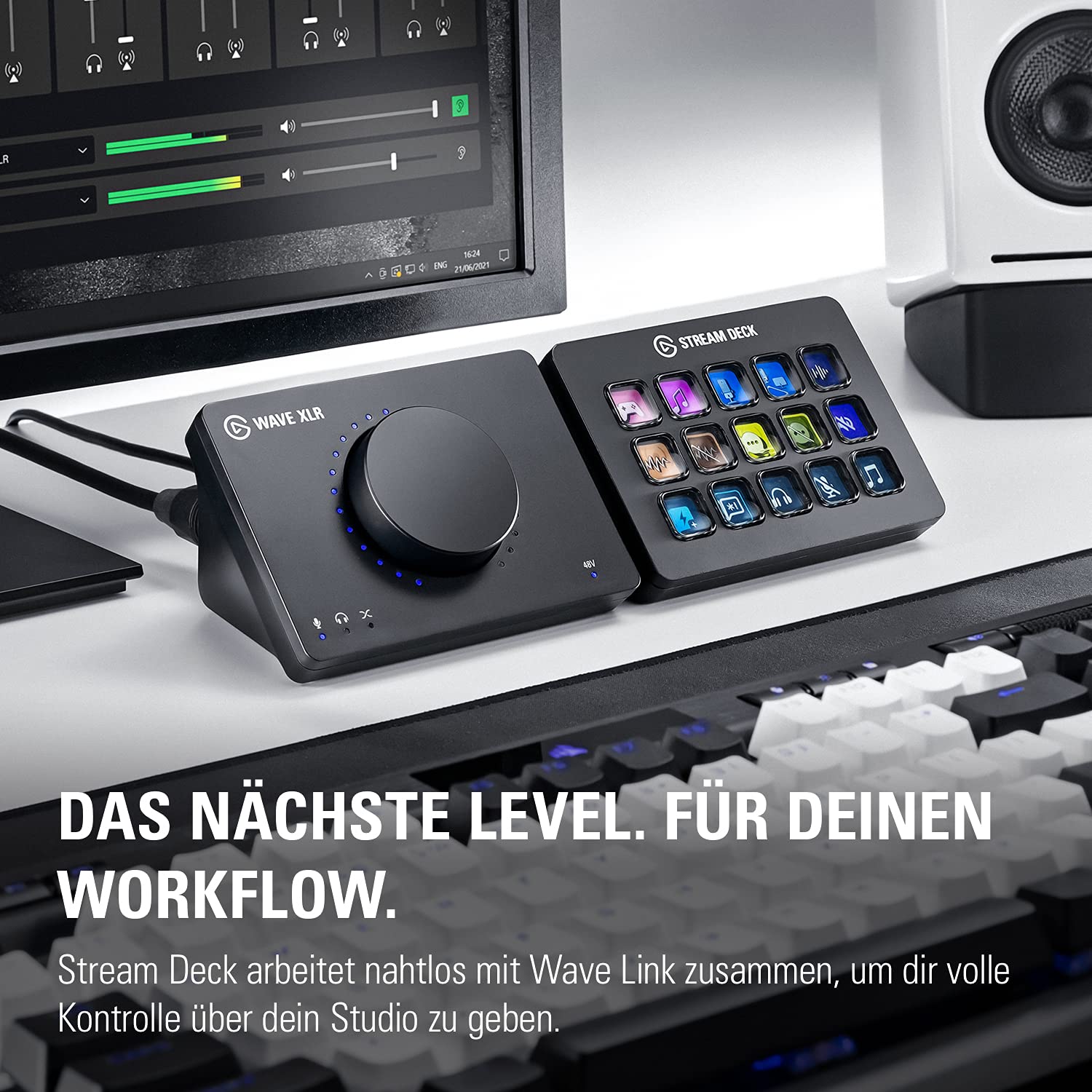 Elgato Wave XLR – Mikro-Interface, XLR zu USB-C, Anti-Clipping, Vorverstärkung mit 75 dB, Phantomspeisung, direktes Monitoring, Stummschalten durch Berührung, Wave Link-App für digitales Mixing