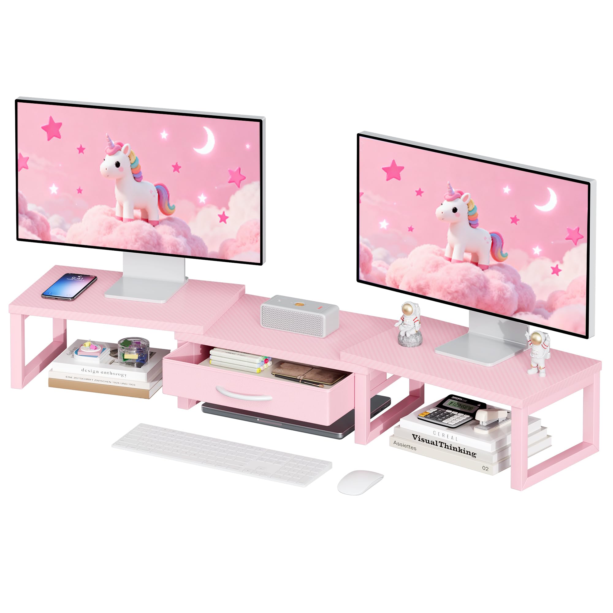 Desk Organizers and Accessories, Dual Monitor Stand Riser with Drawer, Computer Monitor Stand, Adjustable Desk Shelf for PC Laptop Printer TV, Pink Pink Wooden Tabletop, Steel Tube