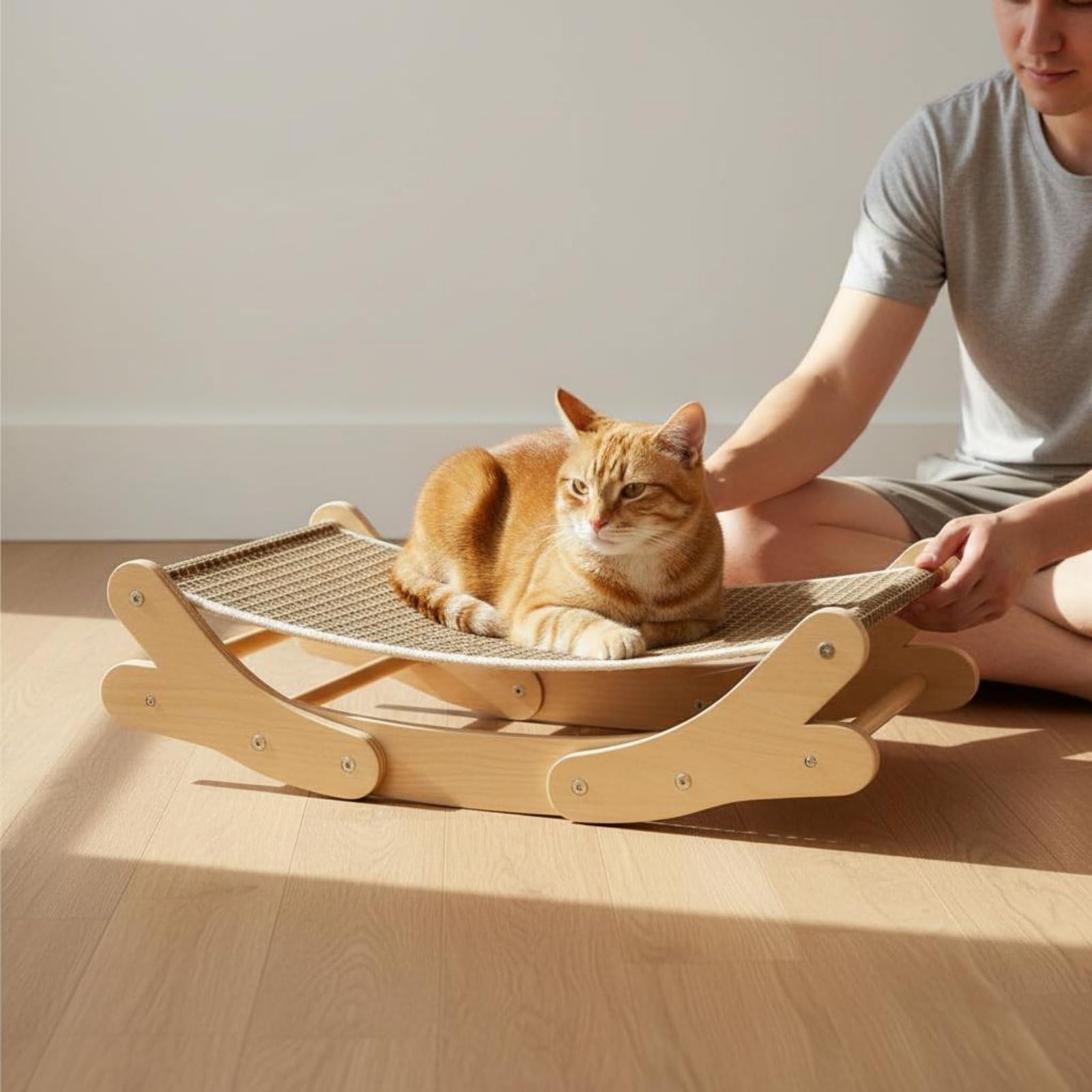Panier Rafraîchissant pour Chat Nid Tressé Chaise Feline Hamac Courbé Support Bois Surface Respirante Fraîcheur Été, Tapis Jute+Contreplaqué