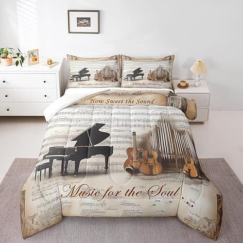 Castle Fairy Juego de edredón de violonchelo de piano, tamaño individual, juego de edredón con temática musical de 2 piezas para niños, niñas, niños