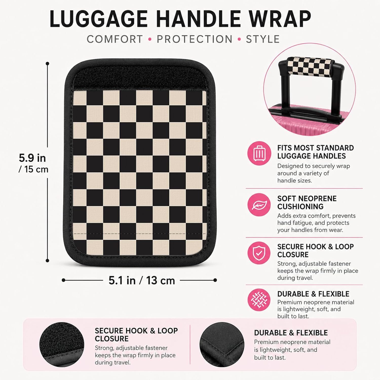 Neoprene Luggage Handle Straps, Vibrant Pattern Suitcase Grip Covers, Comfortable Multi-Purpose Wrap Padding, 2 Pack(Black Beige Plaid)