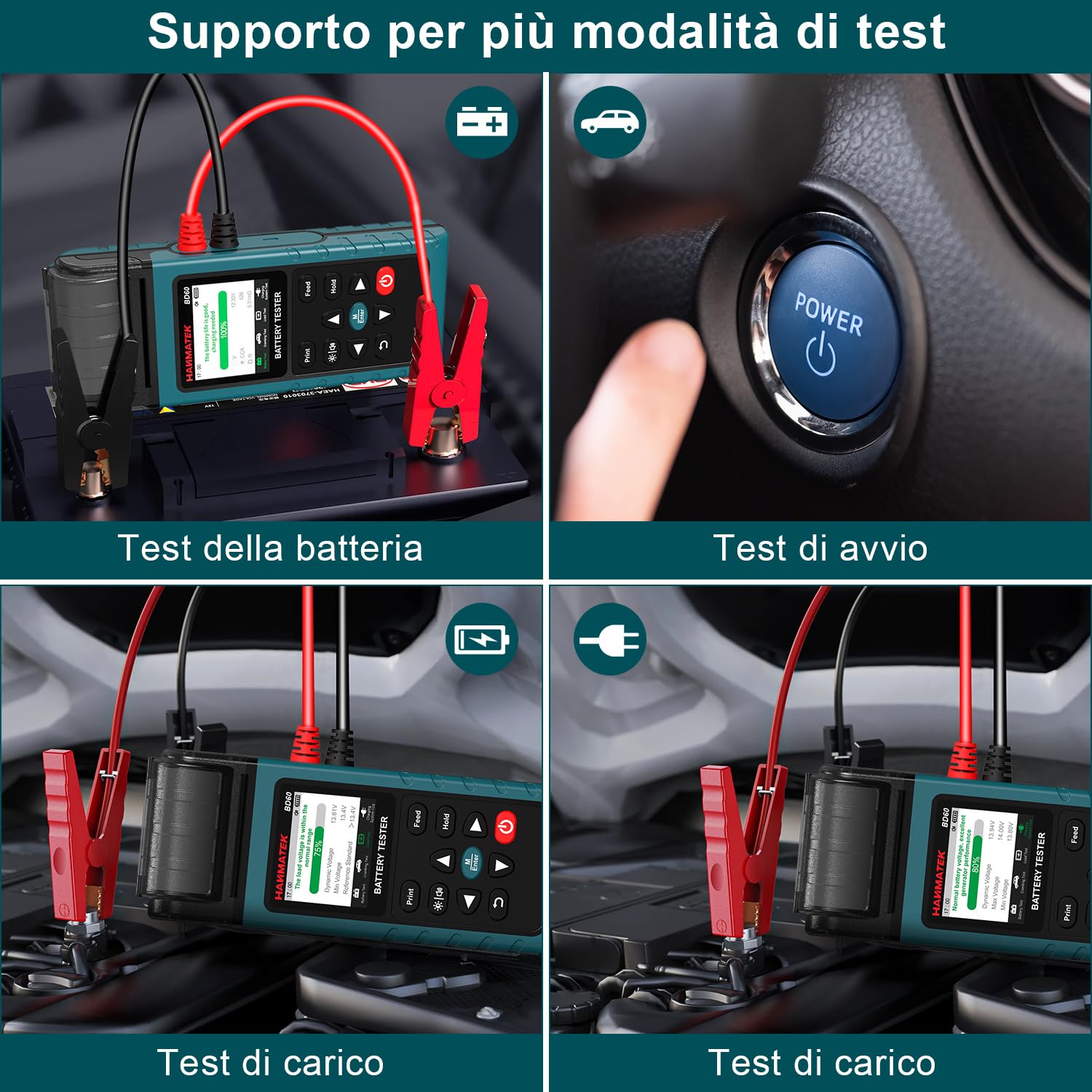 HANMATEK Tester per Batteria Auto 12V/24V, Tester di Carico 100-2000 CCA per Auto, Camion, Marina, Motocicletta, SUV, Barca -BD60