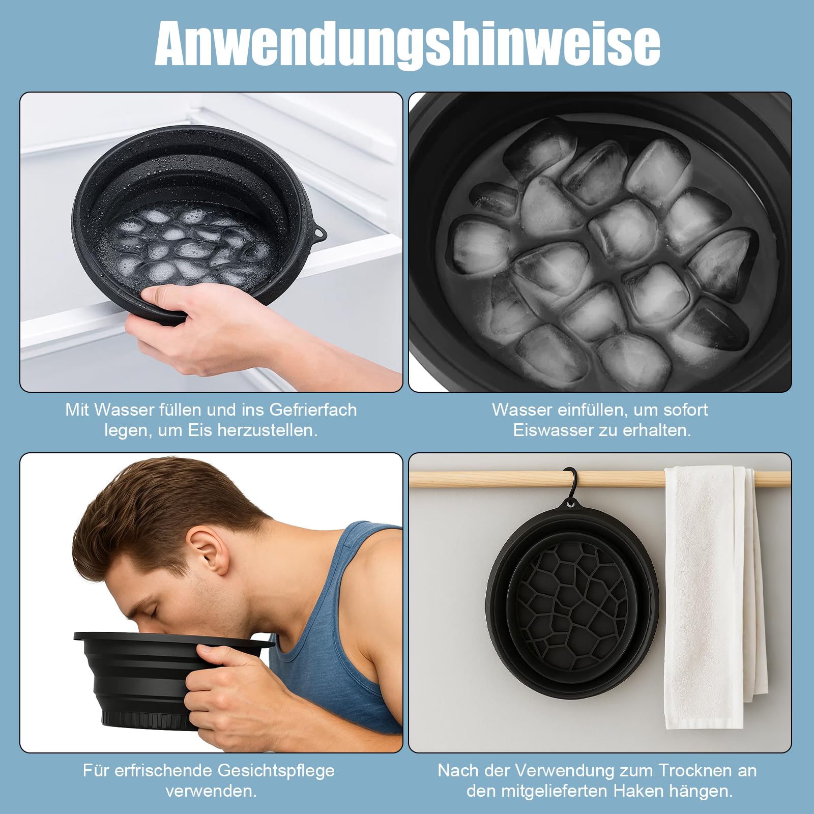 Bol de bain à glace pour le visage - Lavabo pliable en silicone - Refroidissement rapide, réduction des gonflements, doux sur la peau, design portable, facile à nettoyer - pour les personnes