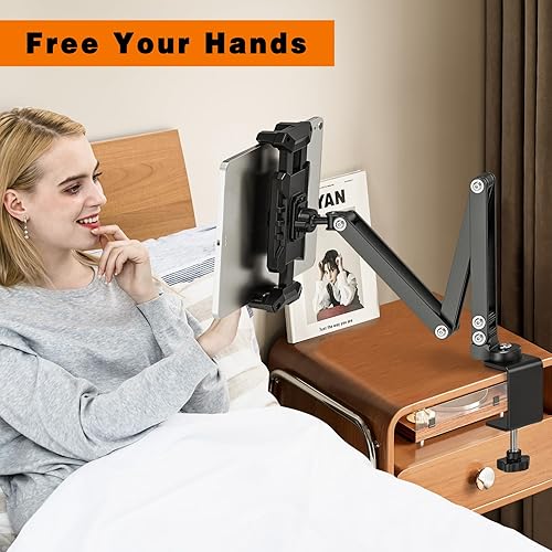 Miniatura 5 de Soporte de escritorio para tableta, rotación de 360 con brazos de metal ajustables, soporte de cama plegable y resistente para iPad ProAirMini