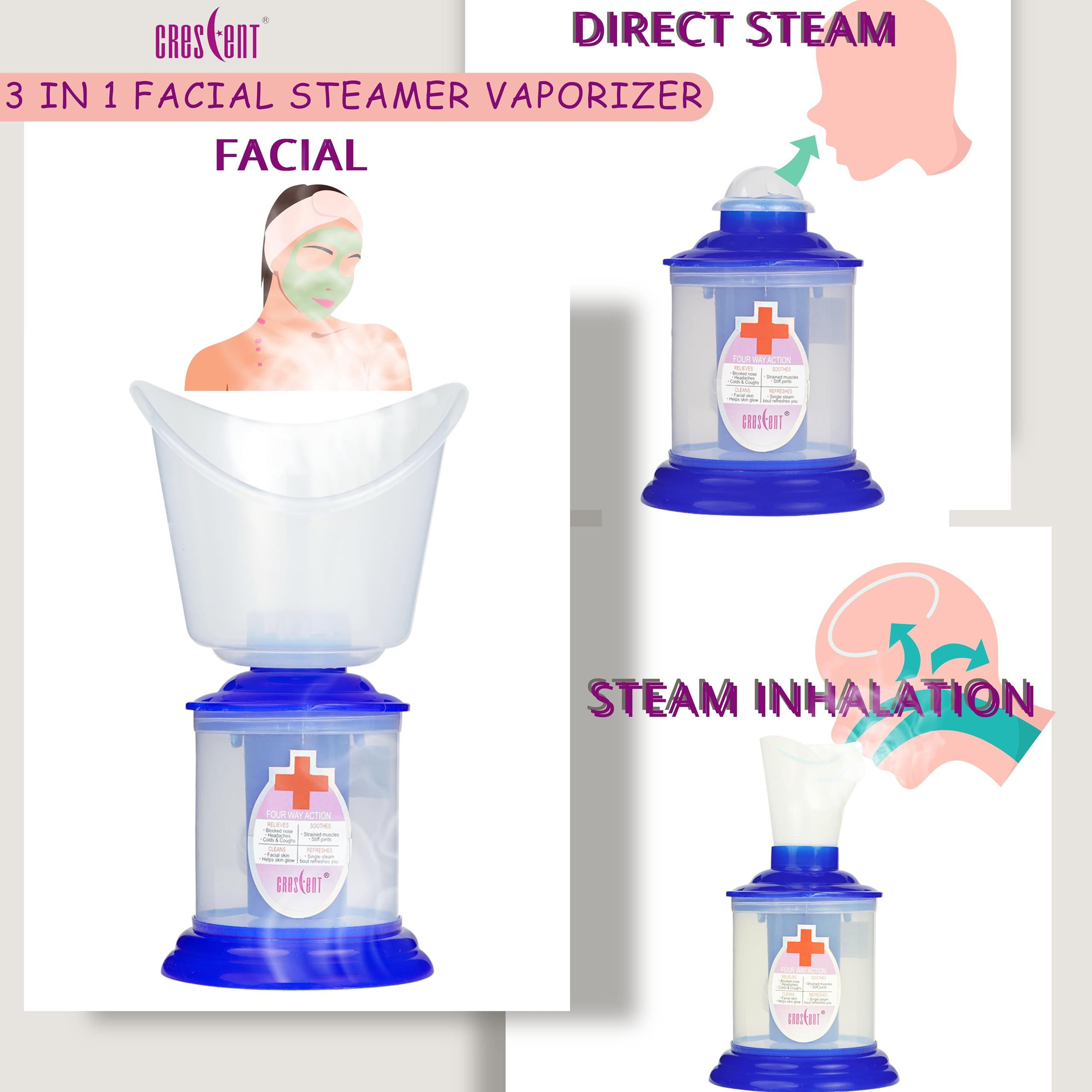 Crescent Facial Steamer for Face| Facial Steamer for Cold and Cough| Steam Inhaler| Steamer| Facial Sauna| Steamer with 3 Attachment, Blue, Pack of 1
