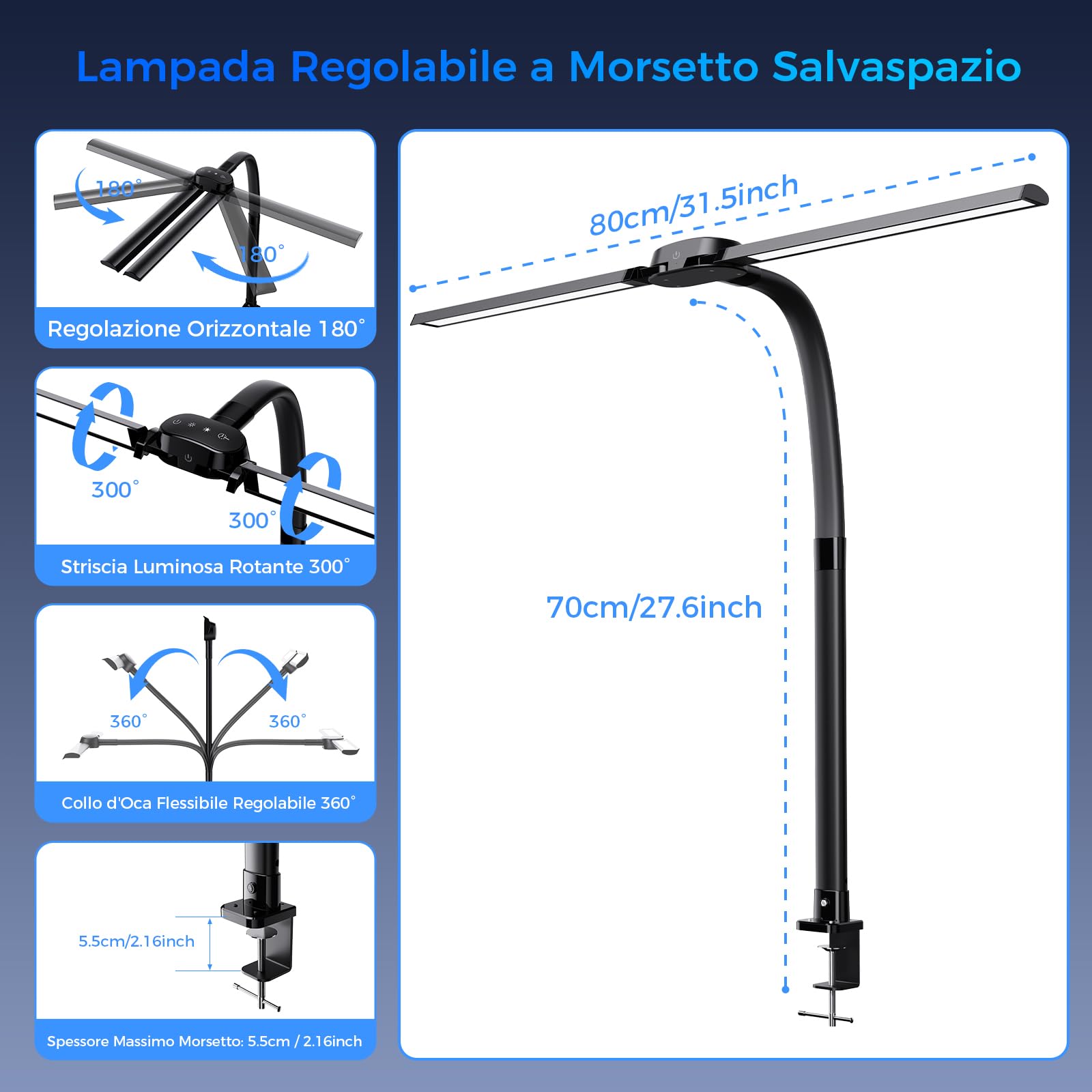 T01 Lampada da Scrivania a LED con Telecomando - 24W 1400LM 80CM Luce Scrivania Filo con Morsetto Lampada da Lettura Collo D'oca Regolabile, Porta di ricarica USB per Ufficio Studiare, Nero