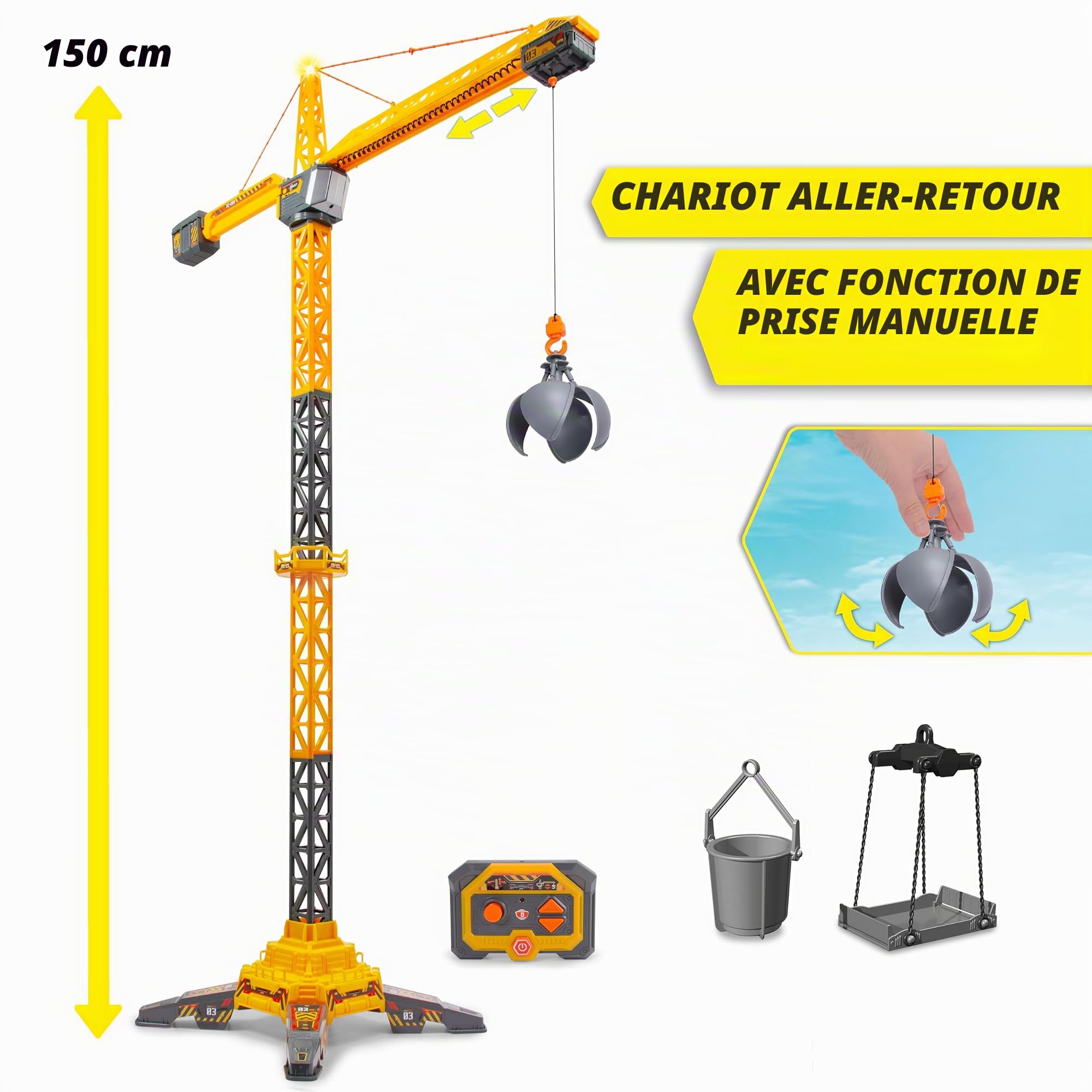 Dickie 203729025 Grue Titan Radio Control 150 cm, Pivote à 360°, Monte et descend avec lumière et USB, Accessoires Inclus, Jouet de Construction, à partir de 3 Ans