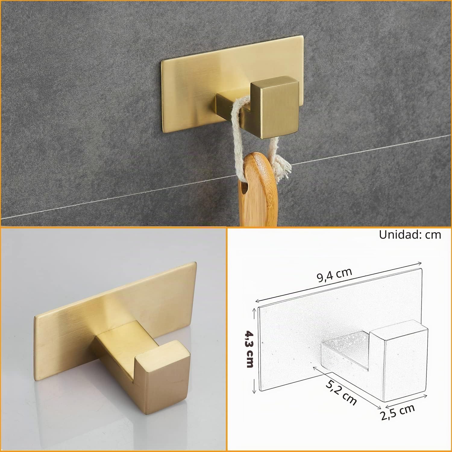 Juego de Accesorios de baño de 3 Piezas autoadhesivos, Juego de Accesorios de baño de Oro Cepillado, Incluye Barra de Toalla de Mano, Soporte para Papel higiénico y Gancho para Bata