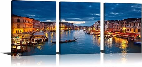 YPY Oil Paintings Venice Nightscape Modern Cityscape Boats on The River Wall Art Decoration Print on Canvas for Living Room Office Kitchen Ready to Hang 12x16x3pcs - coolthings.us