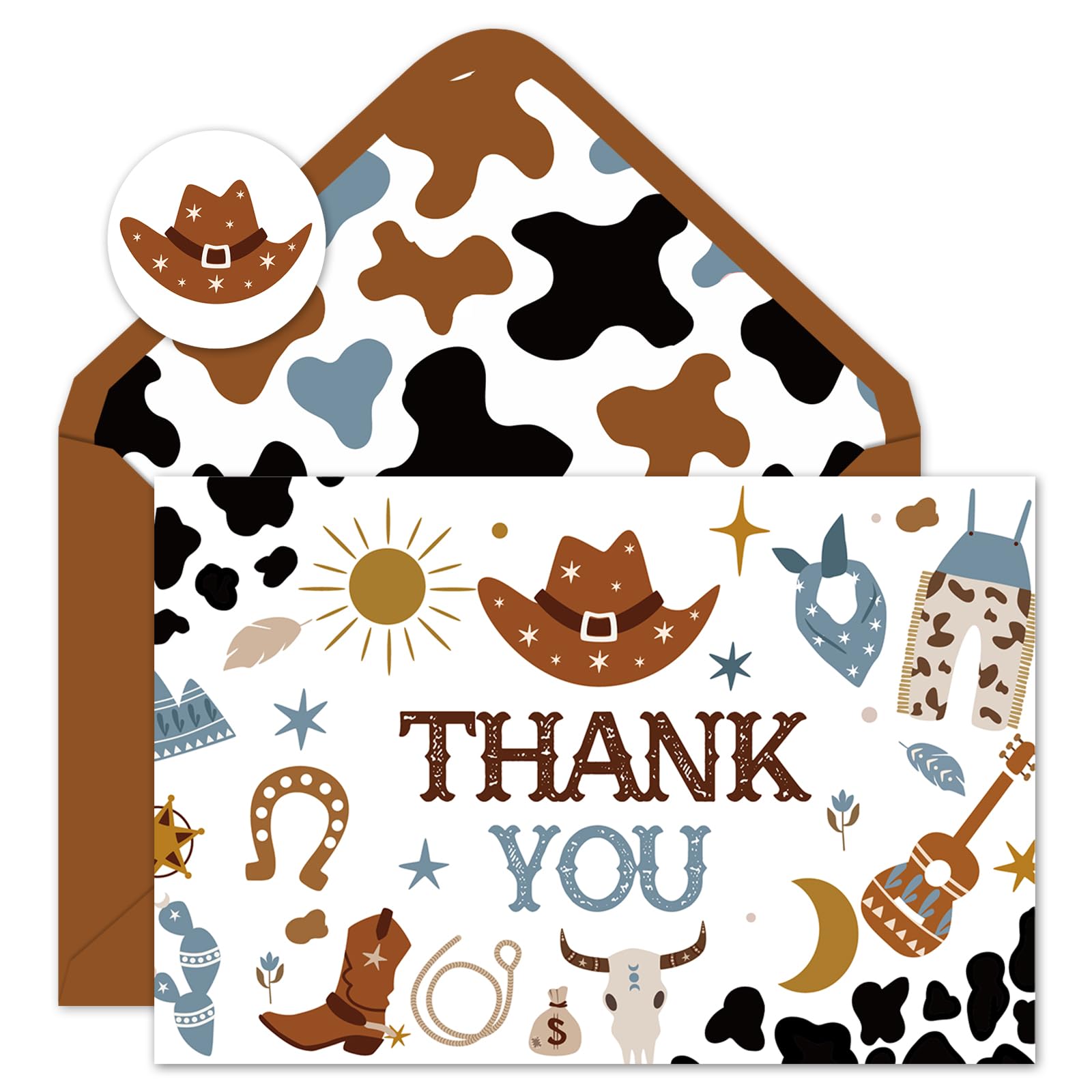 Whaline 24 Pack Cowboy Thank You Cards Blue Brown Cowboy Hat Boots Cow Print Note Cards with Envelopes Stickers Western Theme Greeting Blank Cards for