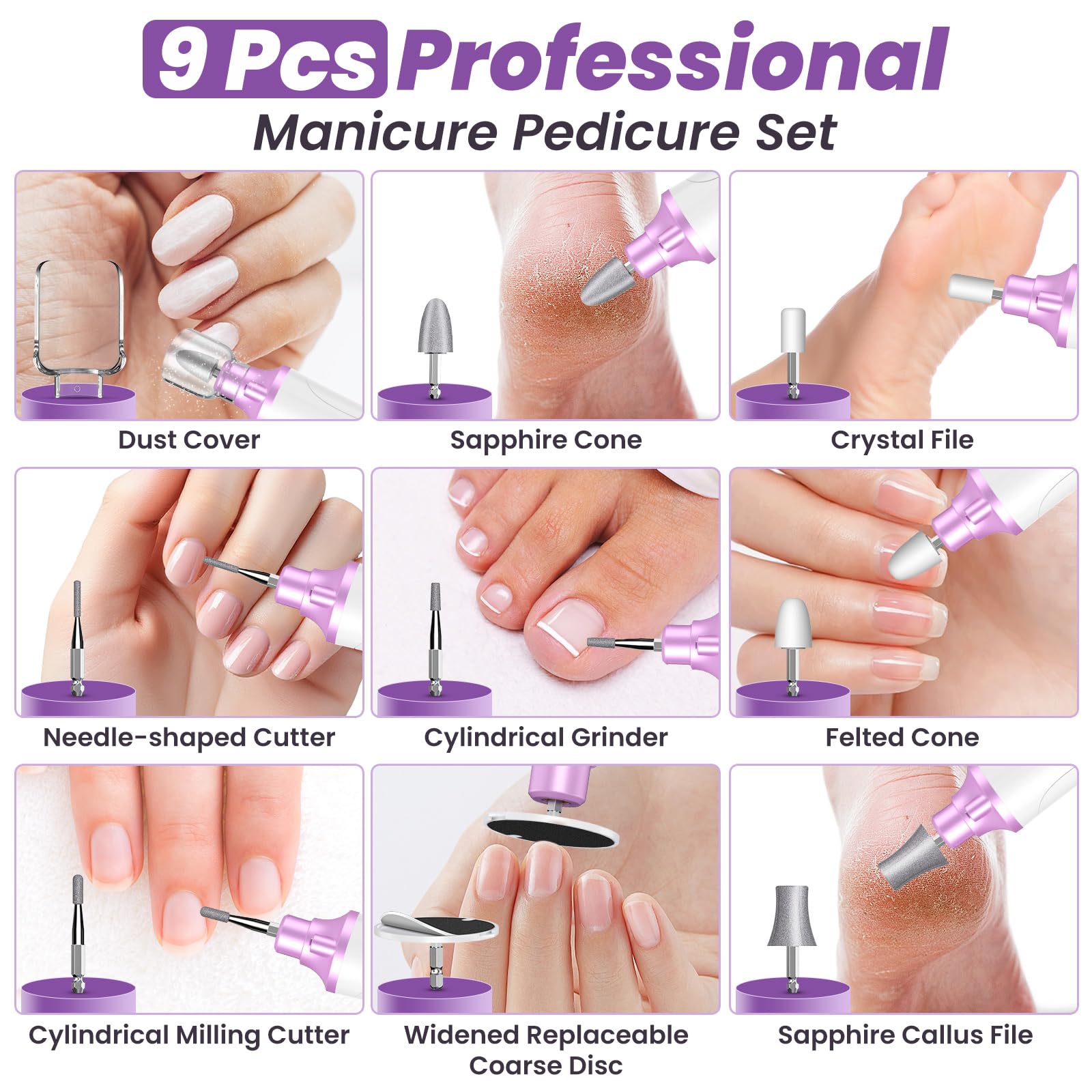 Fresa Professionale per Manicure e Pedicure, Lima per Unghie Elettrica, 15 Velocità Regolabil, Fresa per Unghie Piedi con 8 Accessori, Set Manicure Elettrico per Mani O Piedi, Casa e Salone