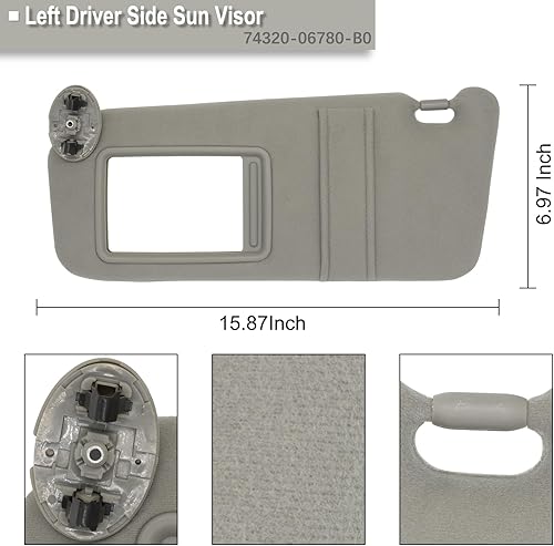 Miniatura 4 de Visera solar izquierda del lado del conductor sin luz compatible con Toyota Camry 2007 2008 2009 2010 2011 Reemplazo # 74320-06780-B0 0400230506B0