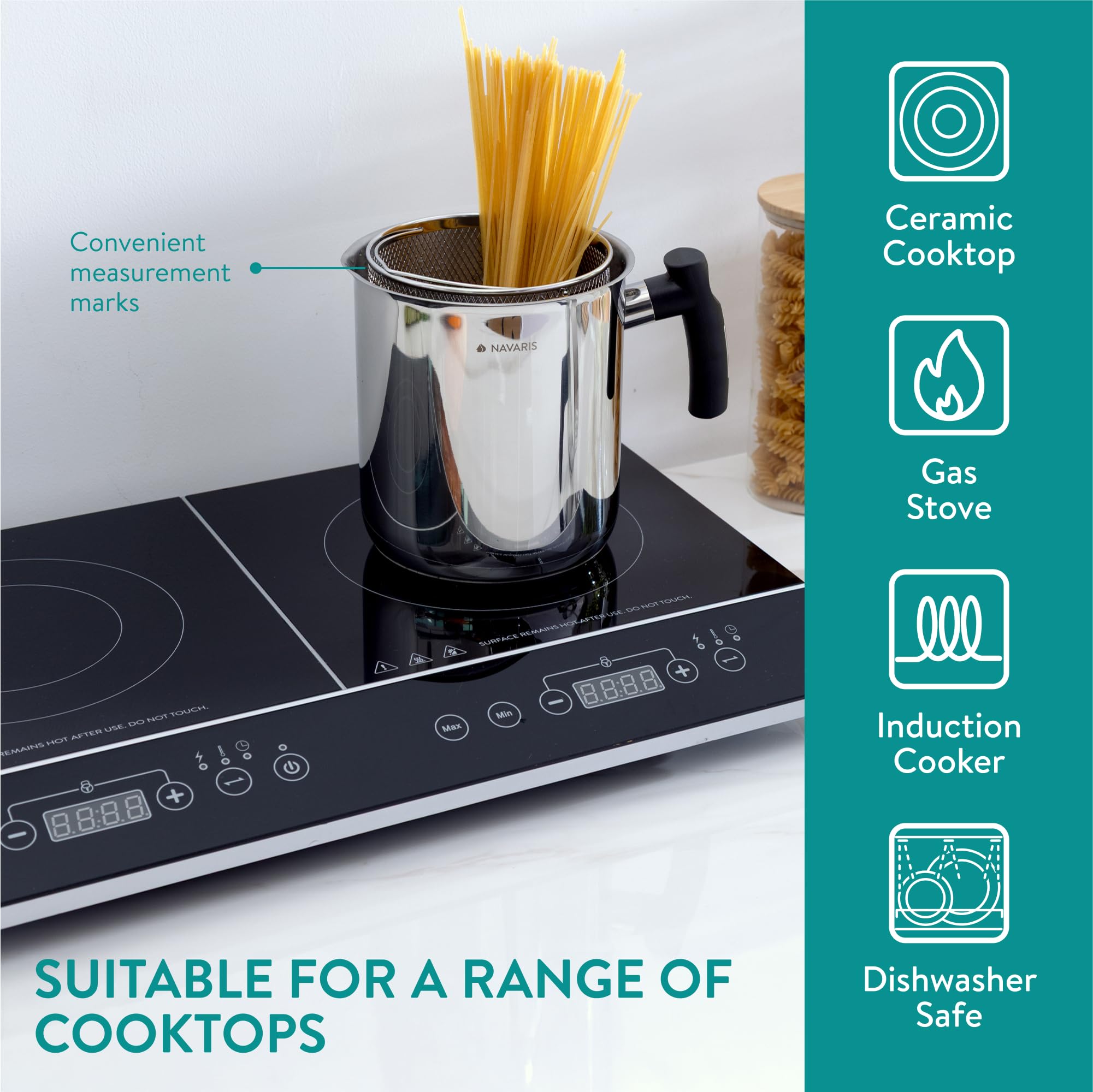 Navaris Pentola per Friggere - Pentola Friggitrice con Cestello in Acciaio Inox - 3,4 L - Cuoci Asparagi Verdure e Pasta Lunga - Spaghettiera con Scolapasta Incorporato