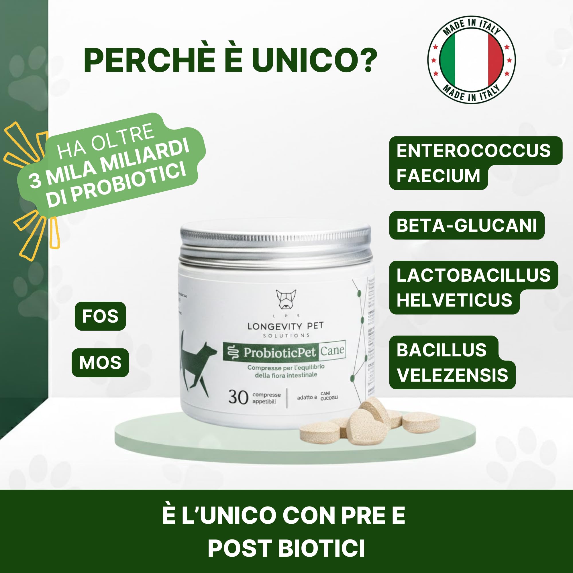 ProbioticPet Cane 30 Compresse per Prurito, Dermatite, Digestione | Probiotici per Cani FOS e MOS | Integratori per cani | Supporto per Diarrea Cane e Gatto | Made in Italy Longevity Pet