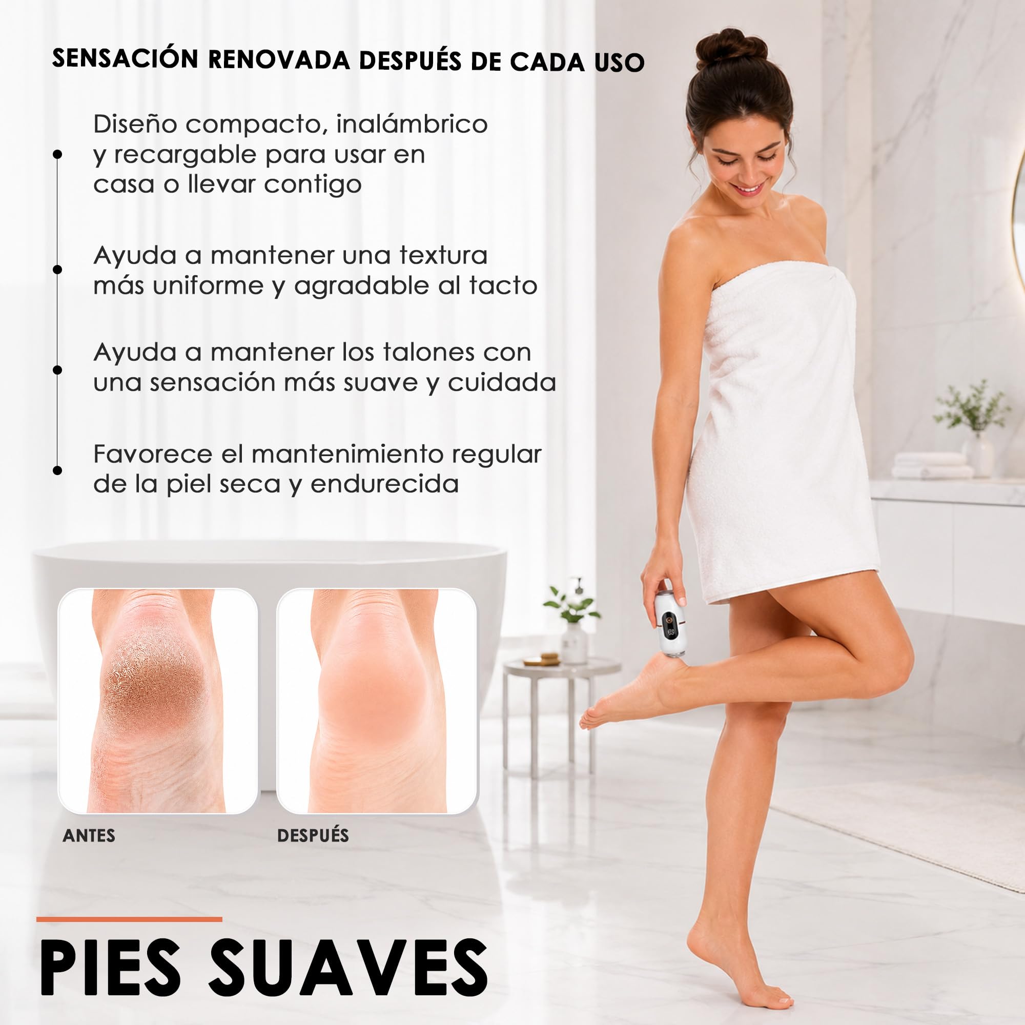 Lima eléctrica para pies, removedor de callos recargable e inalámbrico para piel muerta y talones ásperos, herramienta de pedicura de 3 velocidades con 2 cabezales de pulido reemplazables