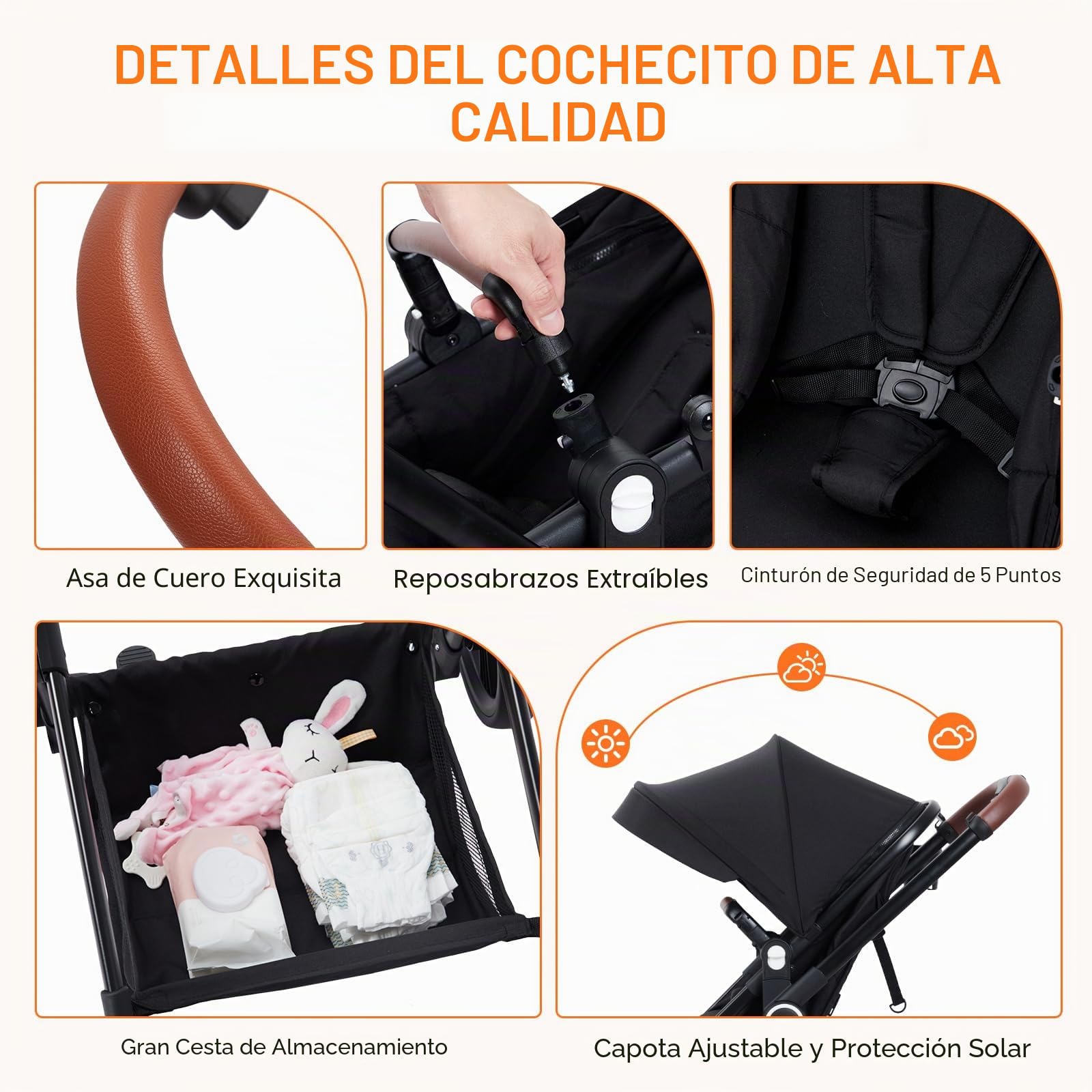 GarveeHome Cochecito De Bebé 2 En 1 Plegable Ligero Con Capazo Reversible y Ruedas Todo Terreno 0-36 Meses Aluminio