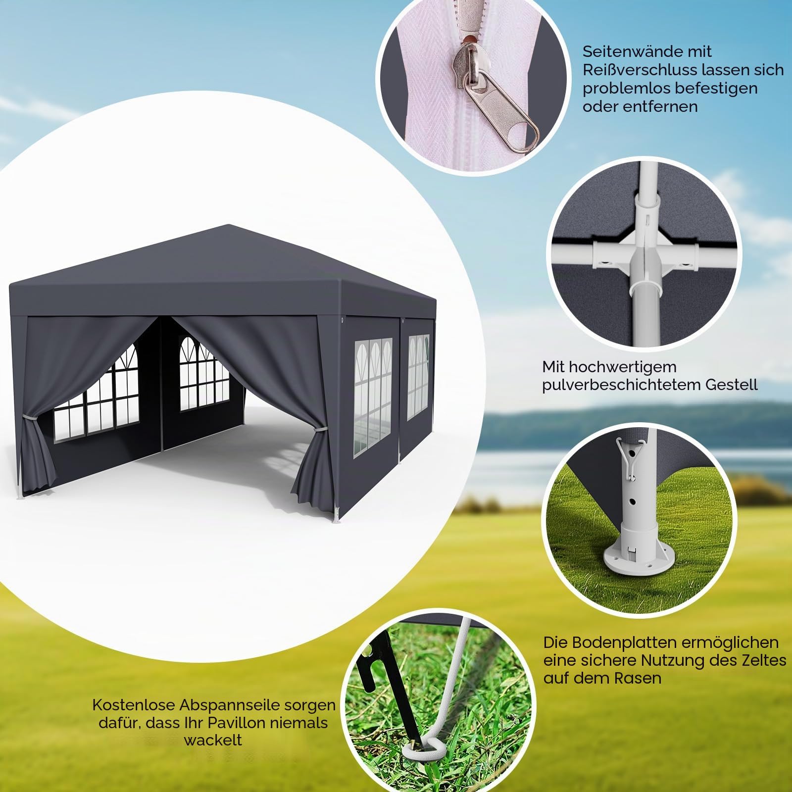 Pavillon 3x6m Wasserdicht Stabil Winterfest, Faltpavillon mit Abnehmbaren Seitenteilen, UV Schutz & Windschutz, Gartenpavillon Partyzelt für Markt, Festival, Camping, Hochzeit, Anthrazit