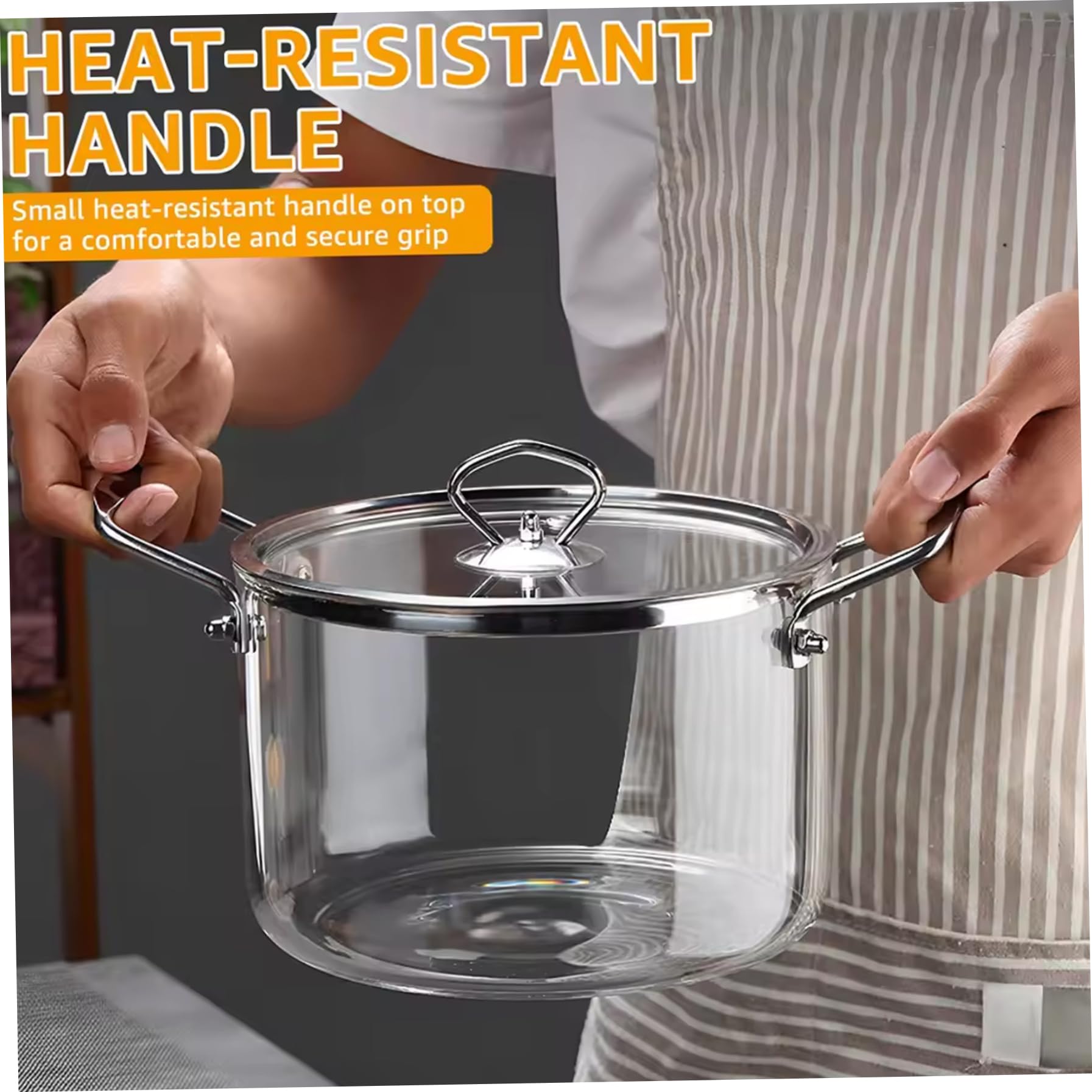 Glastopf mit Deckel, 4 l transparenter Kochtopf mit zwei Edelstahlgriffen zum Kochen von Nudeln und Suppen