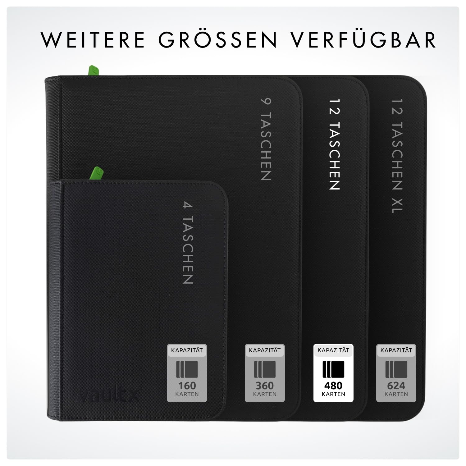 Vault X 12-Taschen-Trading-Kartenordner mit Reißverschluss, 480 Karten, Premium Exo-Tec-Albummaterial, 20 seitlich ladbare Seiten, Sammelordner für Sammelkartenspiele, Sportkarten, TCG (Schwarz)