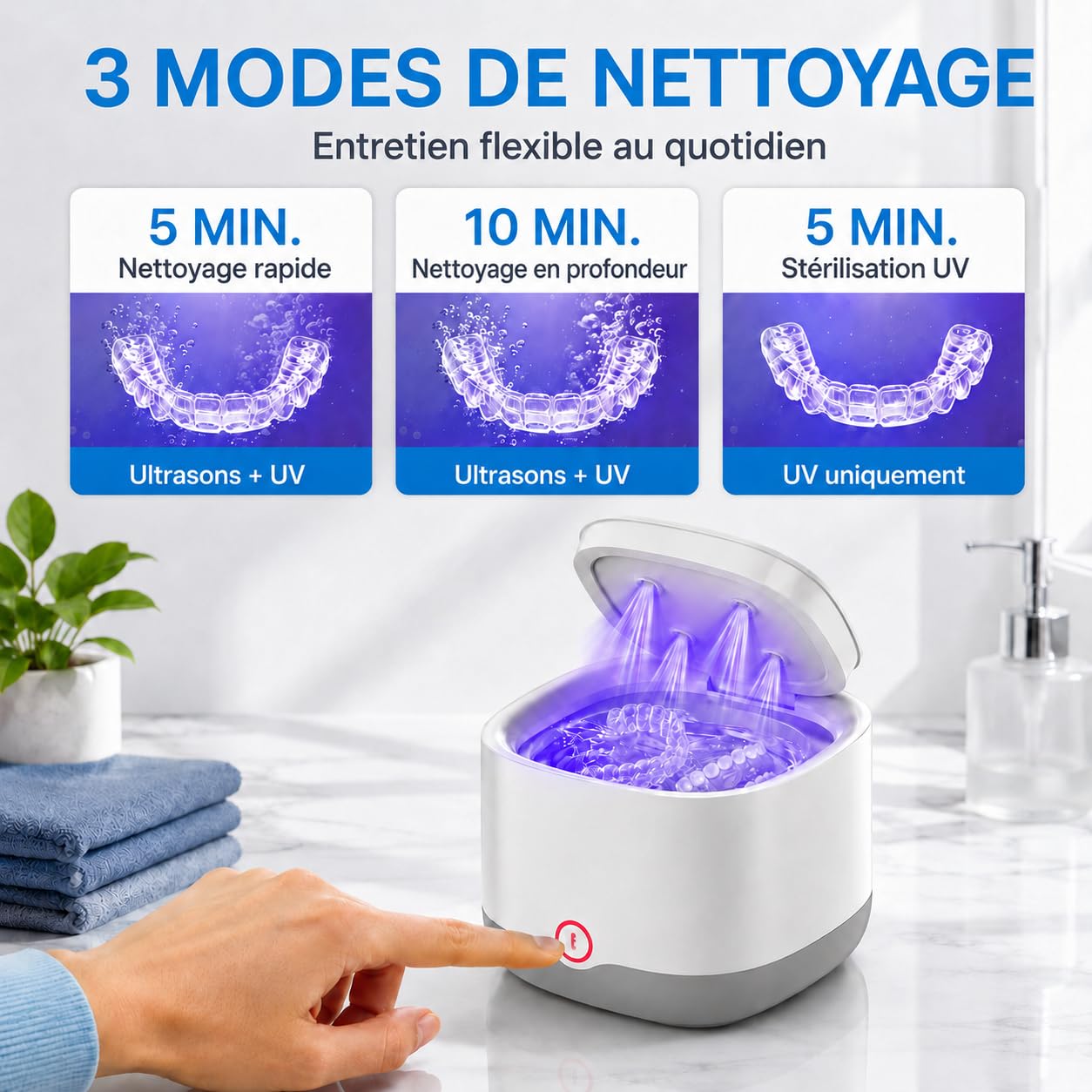 Nettoyeur à Ultrasons pour Gouttières et Dentiers 200ML (Blanc) | Nettoyage aux Ultrasons 45kHz avec 24W, Batterie 4000mAh et 4 Lampes UV pour Aligneurs, Gouttières, Dentiers et Bijoux