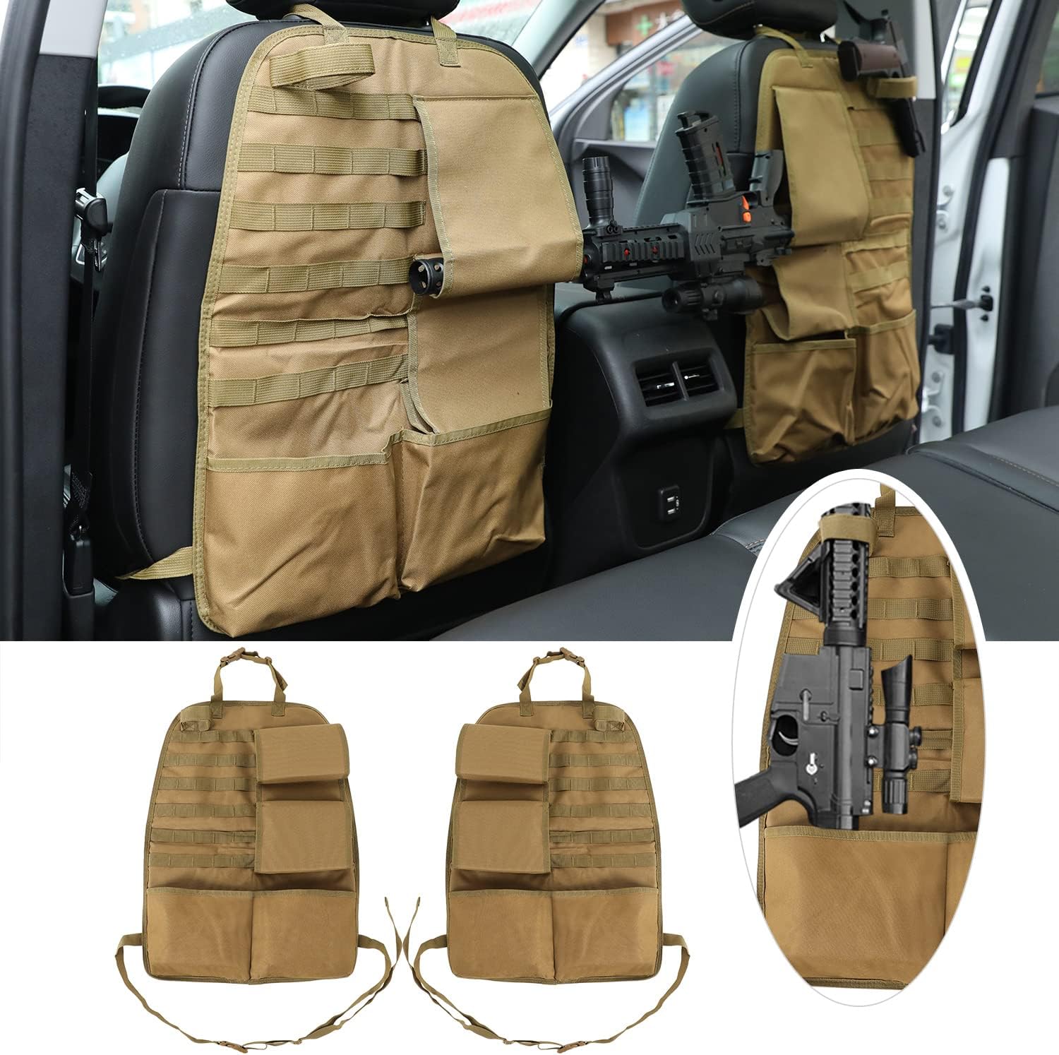 Khaki Tactical Car Back Seat Gun Rack Holder Organizer with