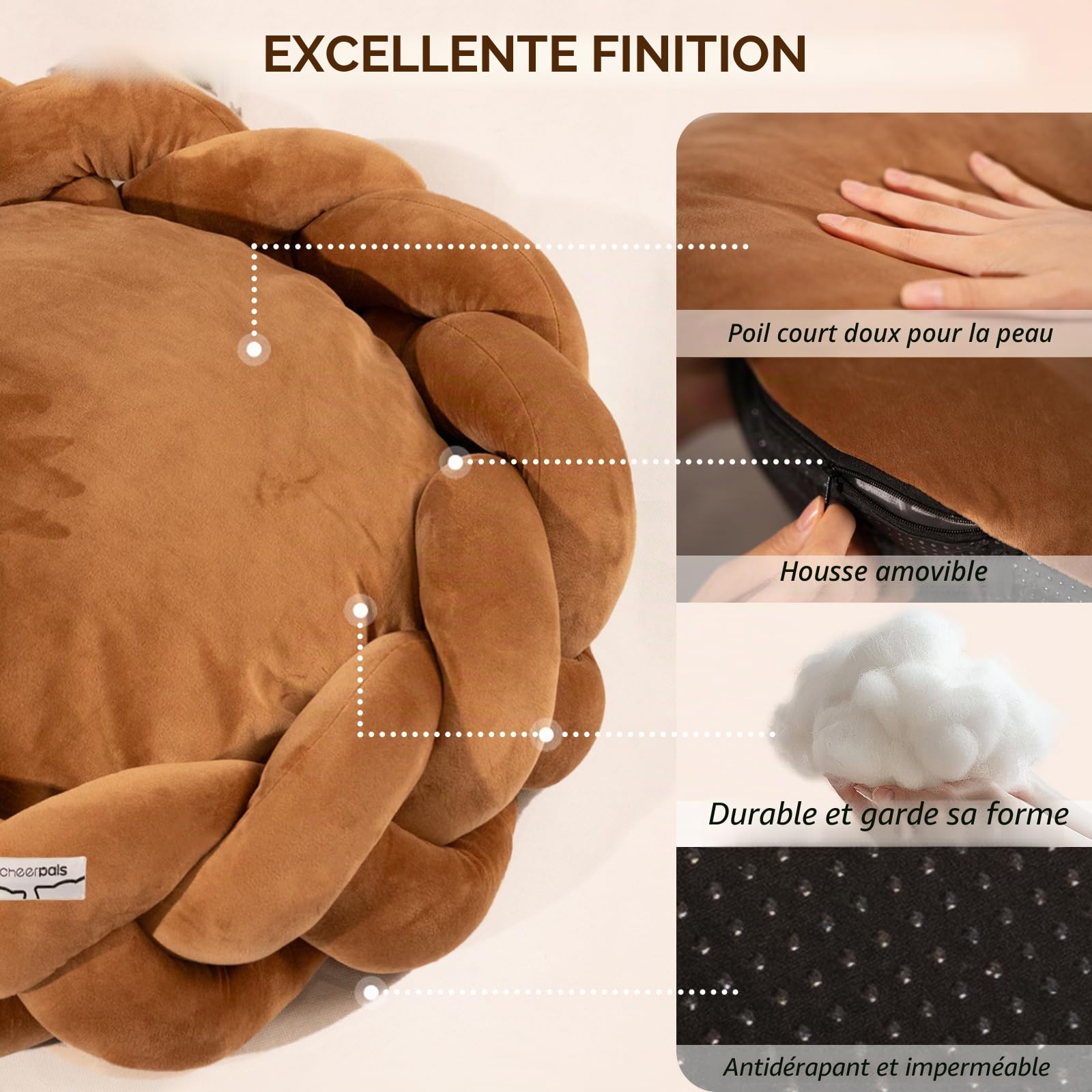 CheerPals Panier Chat Tressé, Coussin XL Très Épais (2,3 KG), Lit pour Chat Rond au Design Tressé pour Salon, Panier Douillet et Spacieux, 60x60x17 cm