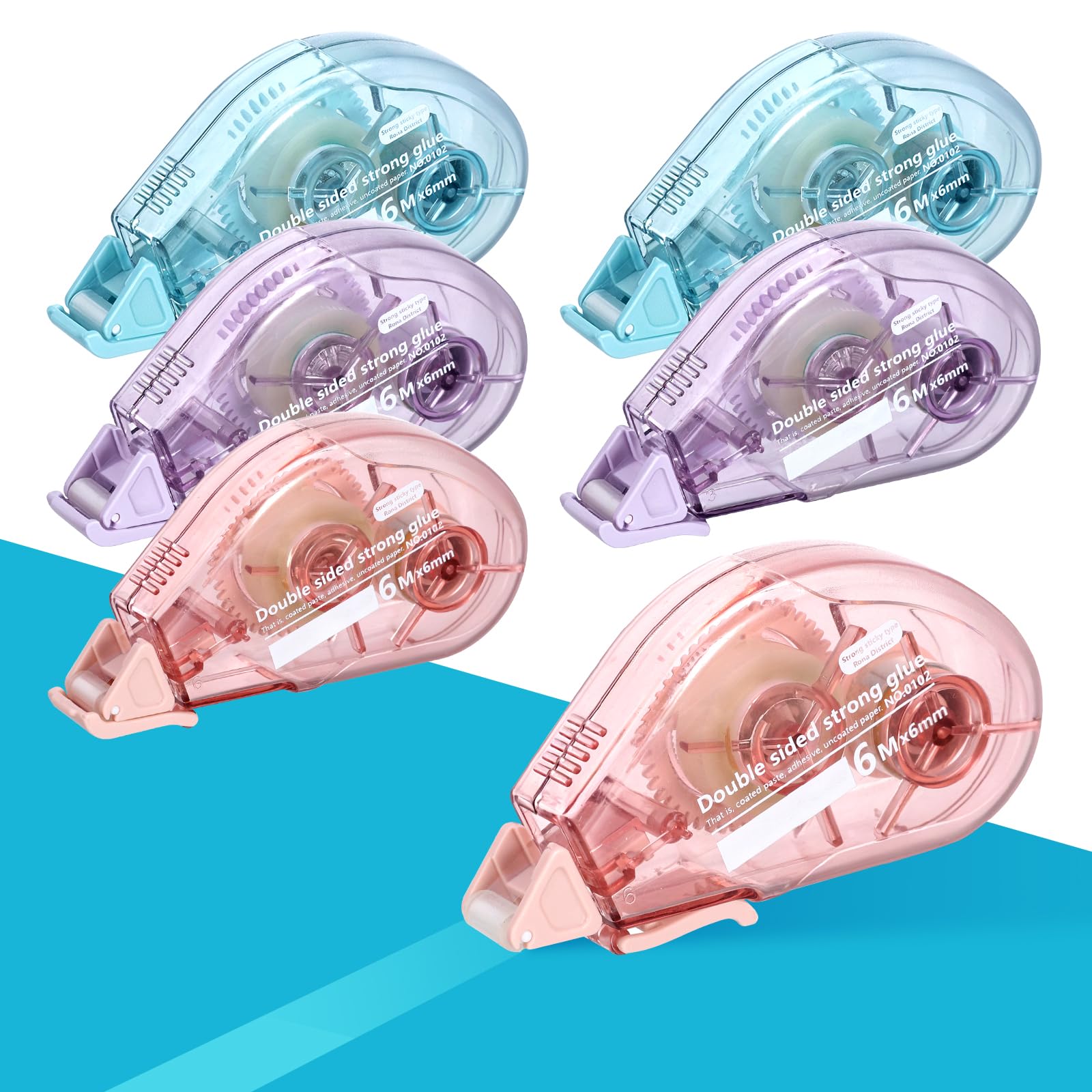 6 Pieces Glue Tape, 6mm x 6m Scrapbook Runner Tape Double Sided Tape Dispenser Tape Roller Scrapbooking Supplies for DIY Crafts Scrapbook Card Making (Pink&Blue&Purple)