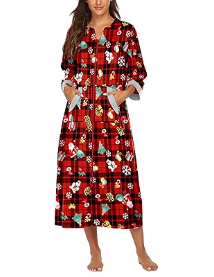 Ekouaer Women Zipper Robe 3/4 Sleeves Loungewear Dress Full Length Sleepwear Pockets Housecoat Nightgown Long Bathrobe