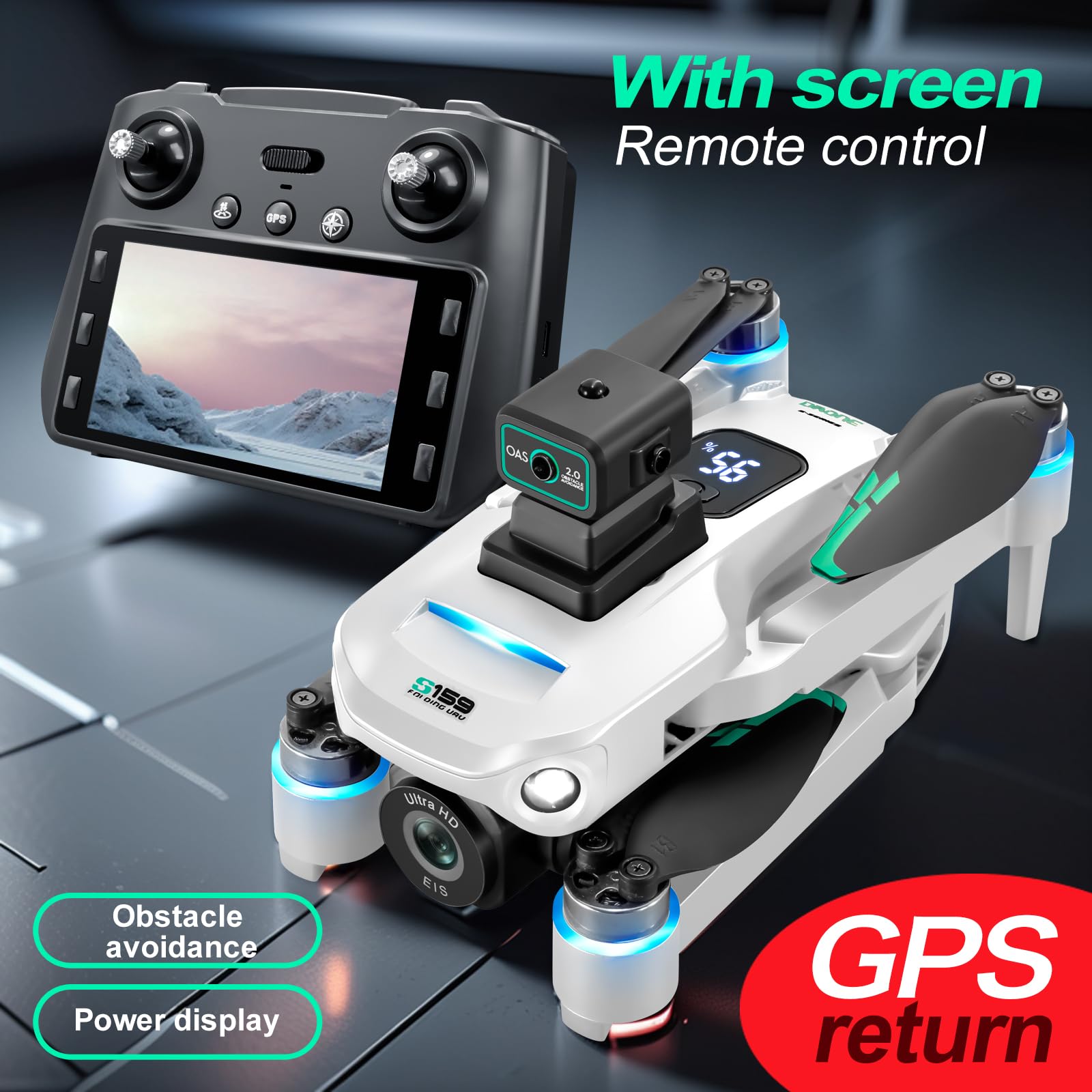 S159 Drone con Telecomando Schermo 5G e GPS, OAS 2.0 Evitamento Ostacoli, Doppia Fotocamera Elettrica HD, 25 Minuti Autonomia, Segui-Intelligente - Drone con Motori Brushless e Ritorno GPS per Adulti