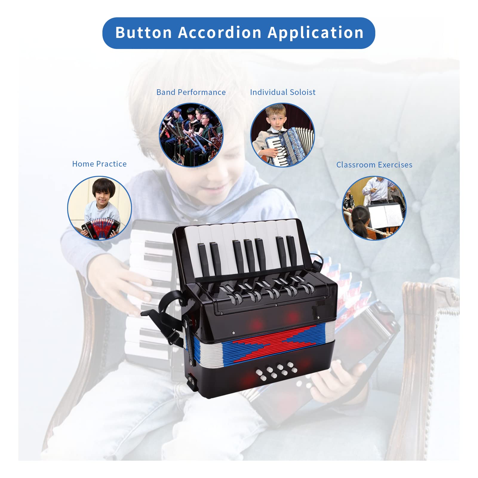 Accordeon Enfant, Accordéon Enfant Instrument, Mini Petit 17-Clé 8 Basse Accordéon, Jouet avec Sangle en Cuir Rétractable, Cadeau pour Enfants Enfants Débutants étudiants