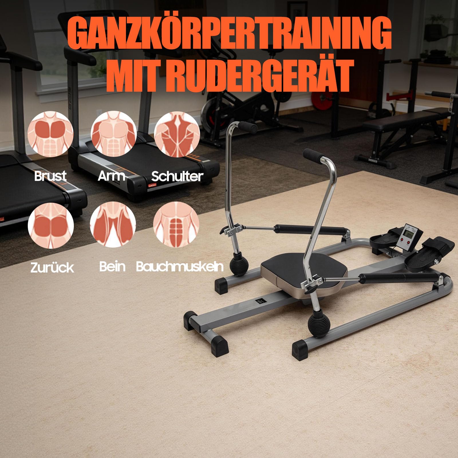 Rudergerät für Zuhause, Hydraulisches Fitness-Rudergerät mit Einstellbarer Widerstand und LCD-Display, Rudermaschine Trainingsgerät für das Ganzkörpertraining, 110×61×21 cm