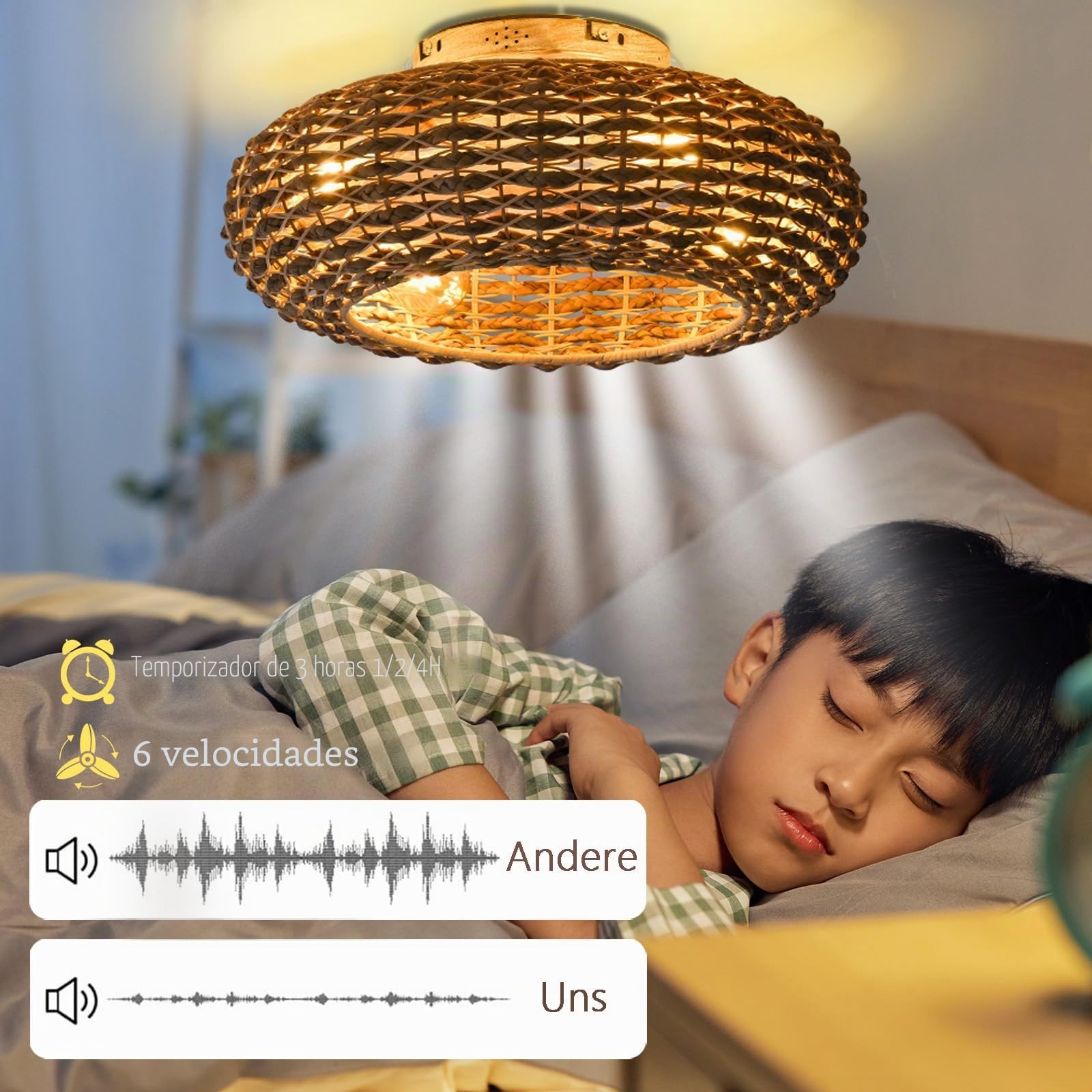 Ventilador De Techo Con Iluminación De Ratán E27 - Control Remoto Silencioso, 6 Velocidades, Temporizador Reversible - Lámpara Para Sala De Estar Y Dormitorio