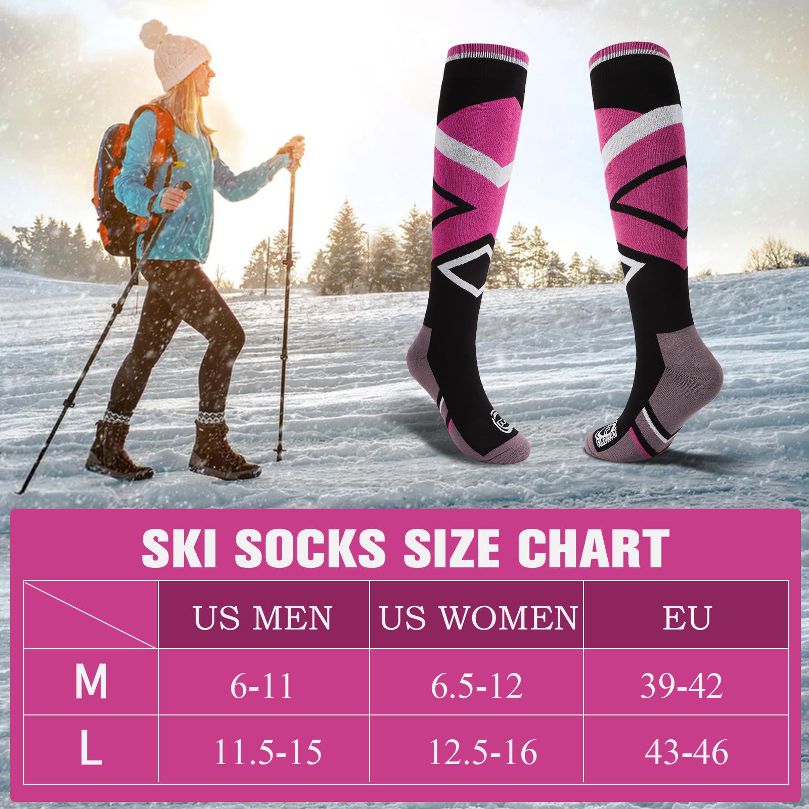 Findway 2 Paar Skisocken, Winter Snowboarding Atmungsaktive Thermosocken mit Über die Wade Design/Anti-Rutsch-Bündchen für Mädchen/Jungen für Outdoor-Sportarten