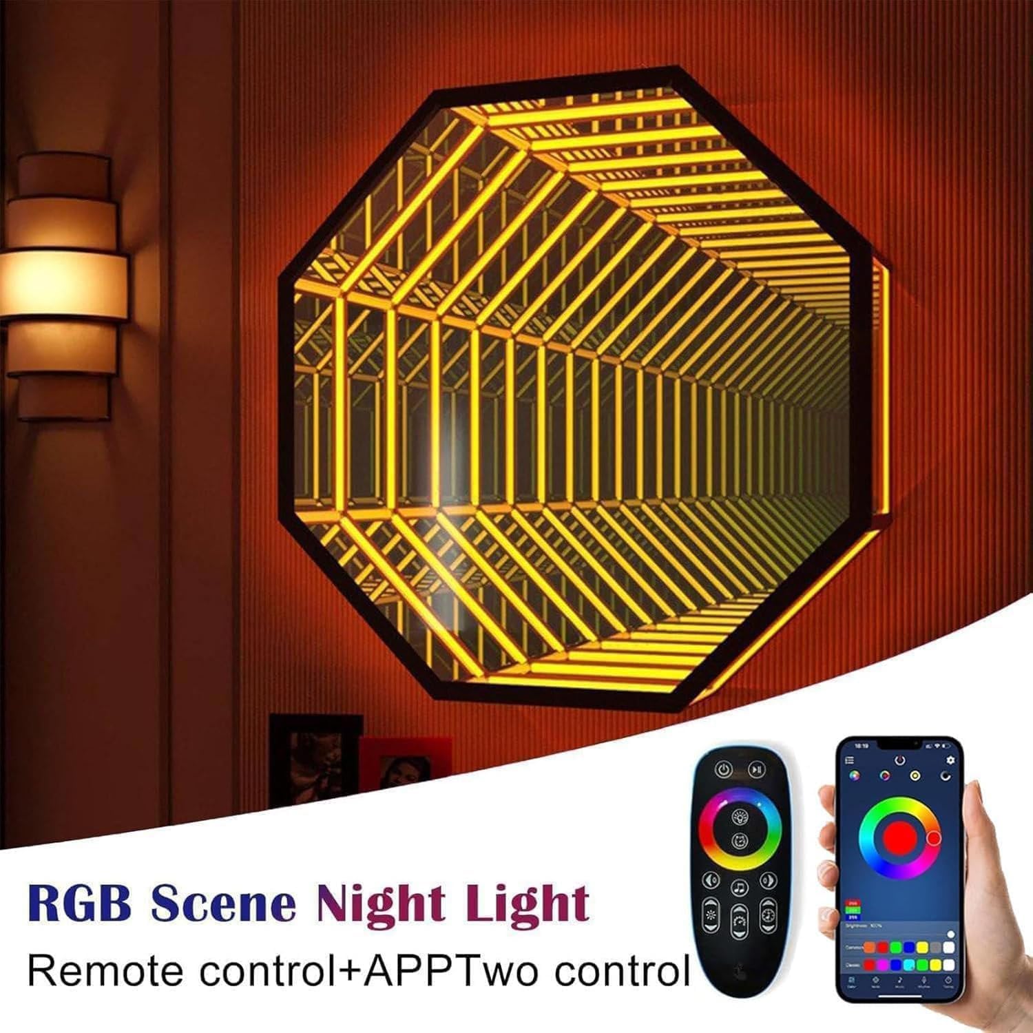 RGB Infinity Mirror Licht, Smart Farbwechsel LED Wanddekoration mit Fernbedienung & App, Dual-Funktion Spiegel und Ambient Light für Schlafzimmer Gaming-Zimmer Wohnzimmer Bar,C-50CM