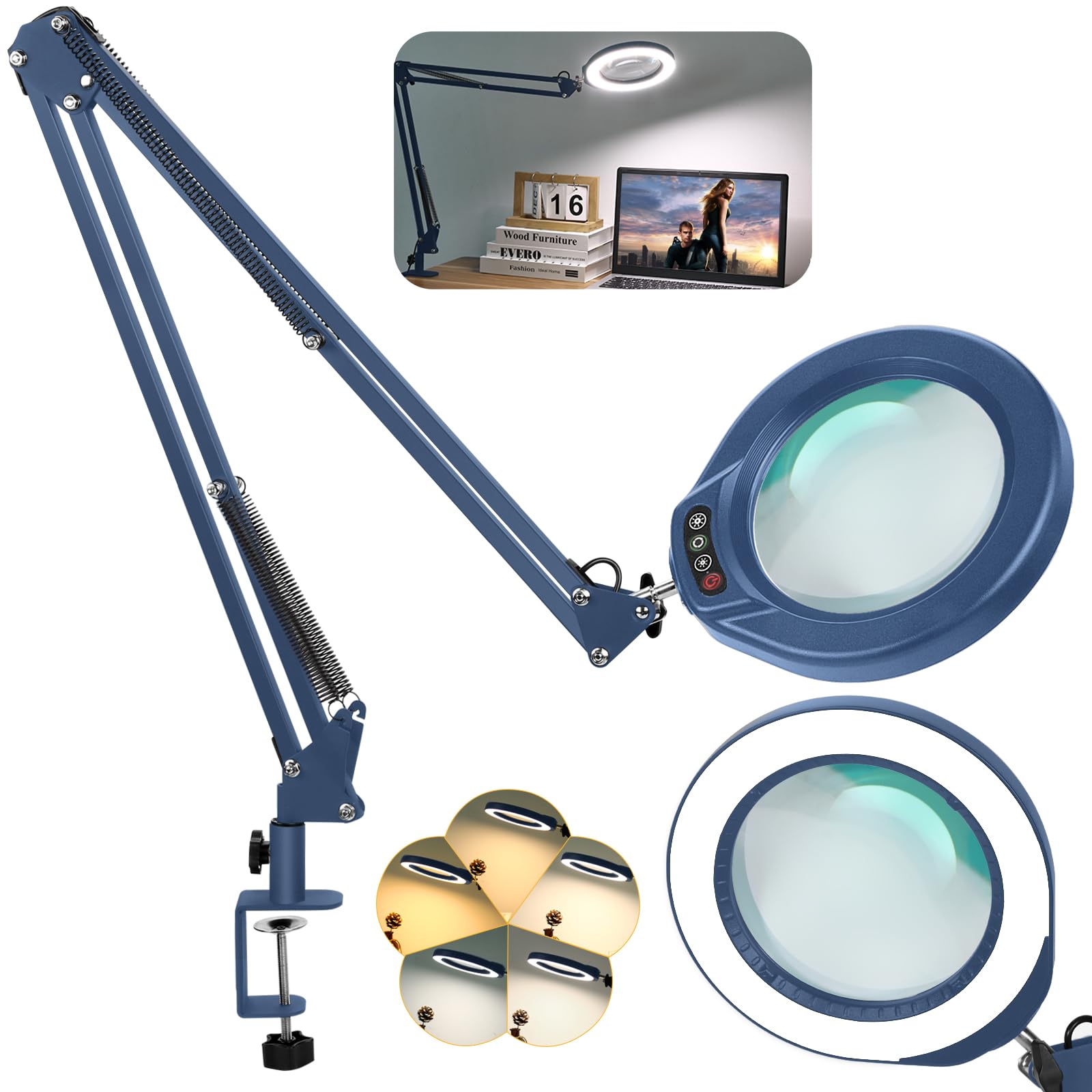 VEEMAGNI 5 Inch 12X Large Real Glass Magnifying Glass with Light and Stand, 5 Color Modes Stepless Dimmable, 2 * 16 Inch Swivel Arm LED Clamp Desk Lamp, Hands Free Lighted Magnifier for Crafting-Blue Blue 12X