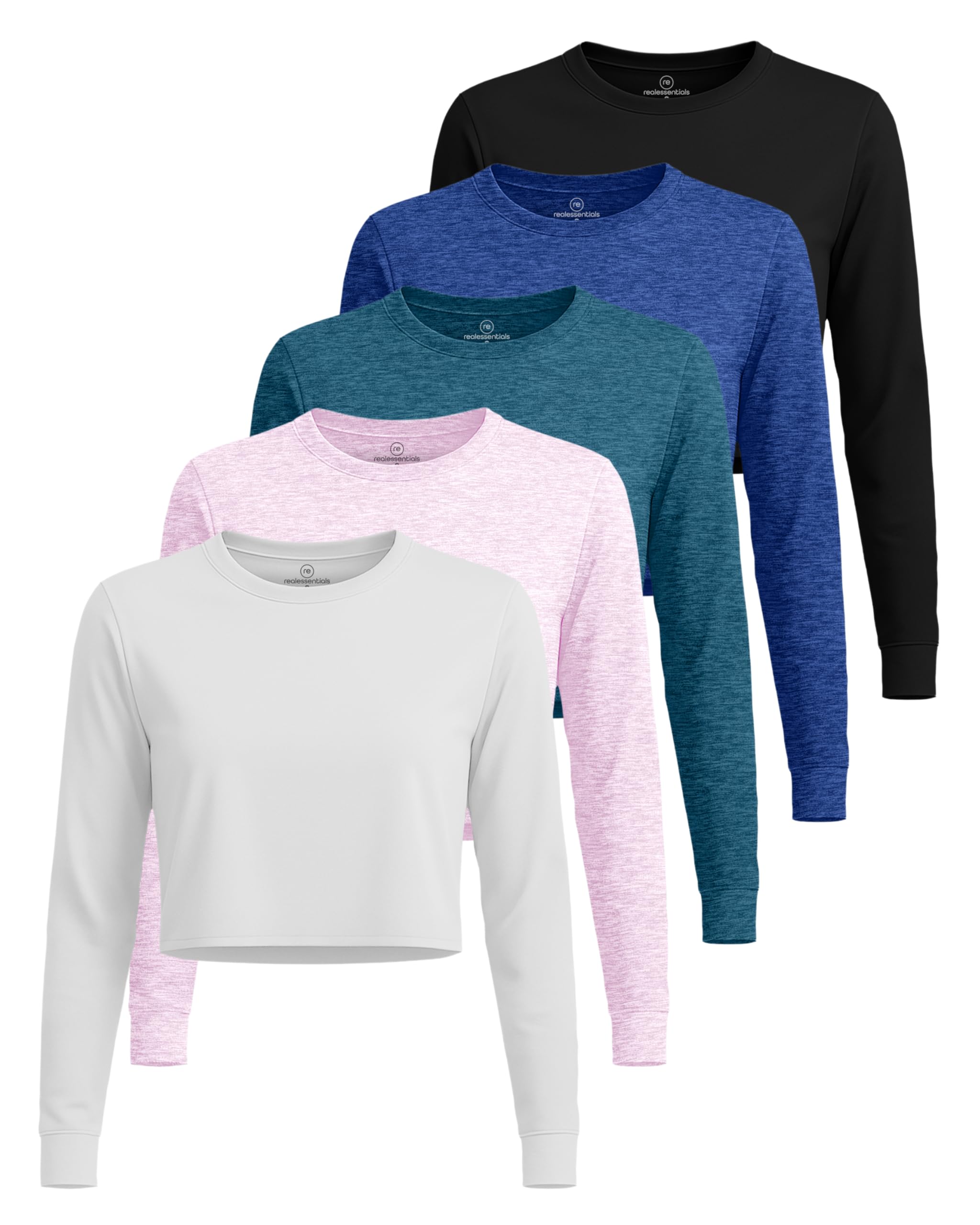 View 1 of ***MISSING PARTS***
Real Essentials 5 Pack: Women's Dry-Fit Long Sleeve Crop Top - Running Workout Gym Athletic Crew Neck Shirt - Set 5, S