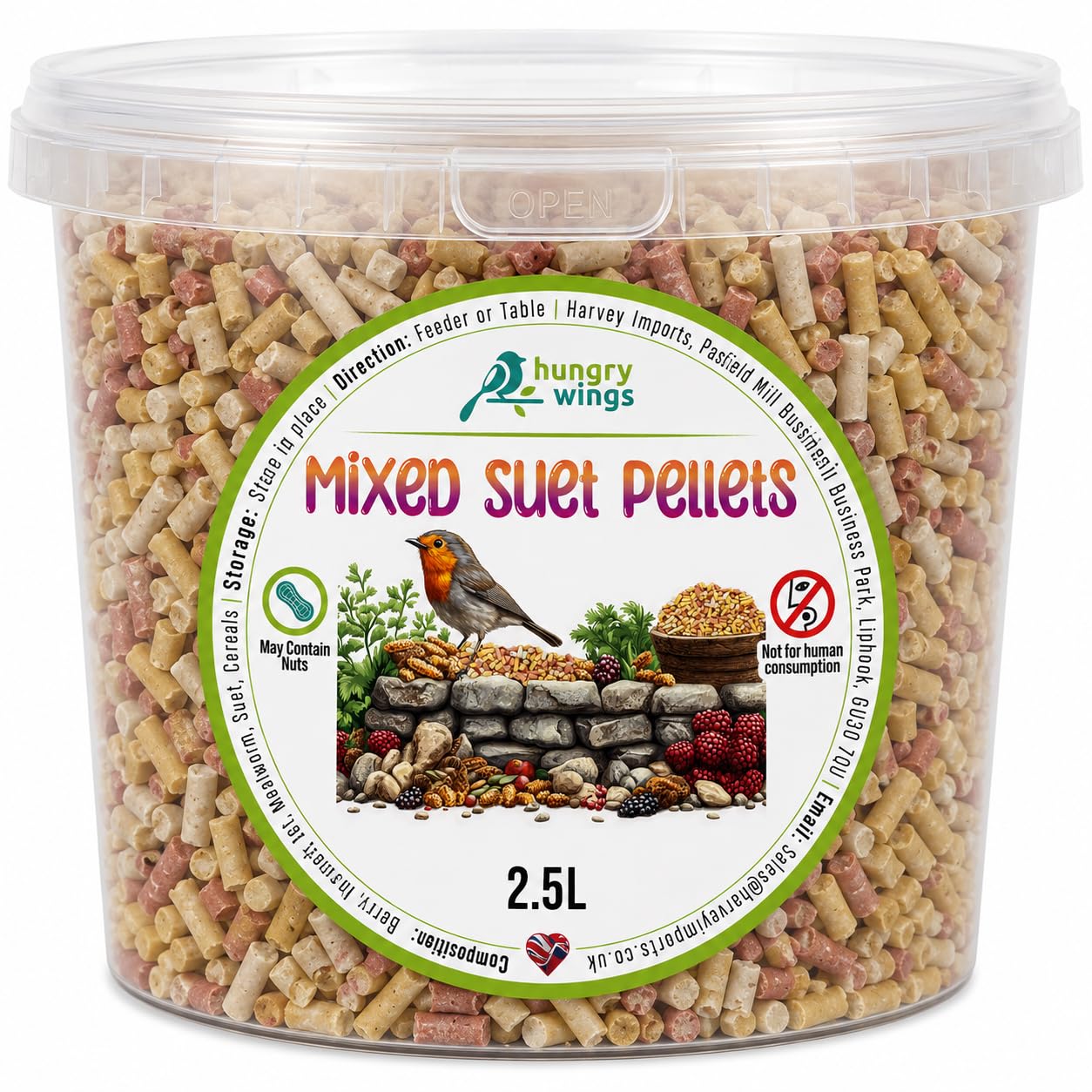 Hungry Wings Premium Suet Pellets Wild Bird Food – 2.5L Tub – High Energy Berry, Insect, Mealworm & Mixed Flavours (2.5L Tub, Mixed)