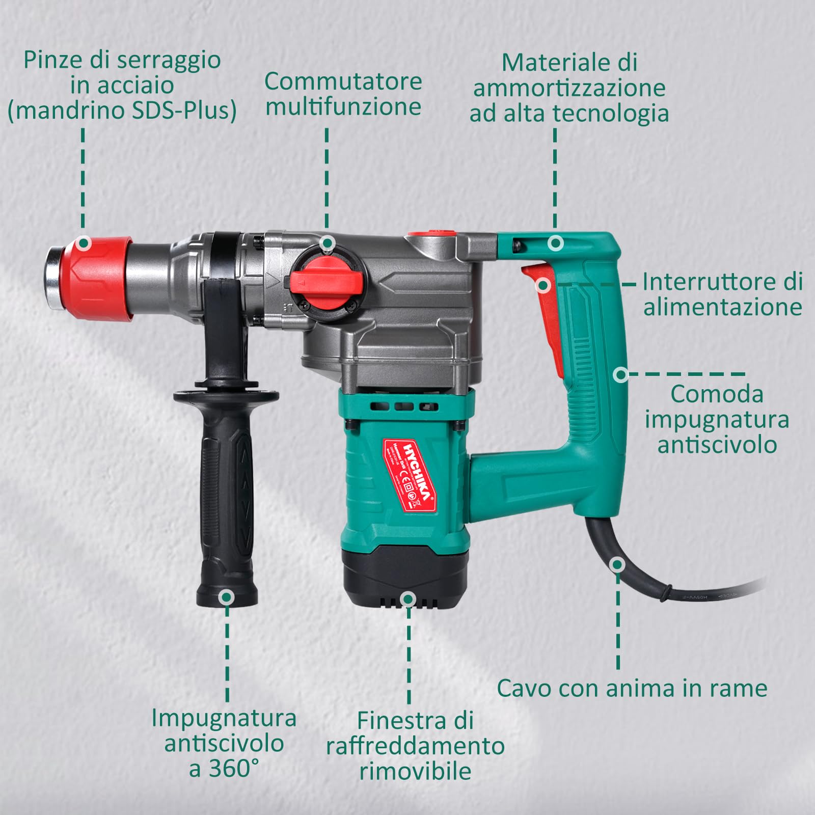 HYCHIKA Trapano a Percussione con Frizione di Sicurezza, Martello Demolitore con Cavo AC, Martello Perforatore per Calcestruzzo, Trapano Tassellatore SDS-Plus