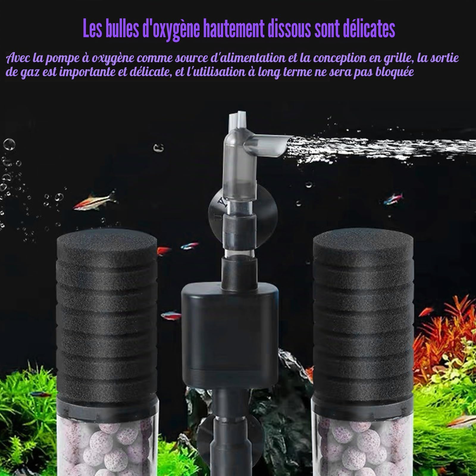 Filtre Éponge d'Aquarium avec Pompe, Filtre Interne Aquarium avec 1 Sac Billes Céramique, Electrique Filtre Aquarium Réglable, Double Filtre Eponge Interieur pour Aquariums de Différentes Profondeurs