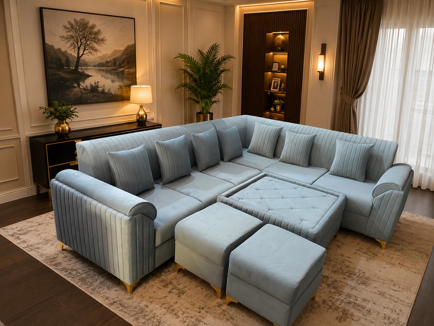 The Woodland Royal L Shape Velvet Fabric Sofa Set with Table & Pouffes | 8 Seater | Light Sky Blue-image-0